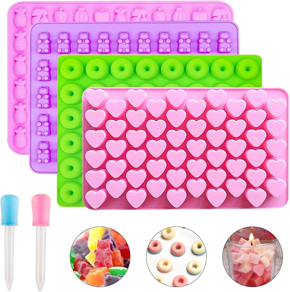 Set van 4 Siliconen Snoepvormen met 2 Druppelaars, Hartvormige Chocolade- en Gelatinevorm voor Snoep, Gummies, Fruit en Donuts