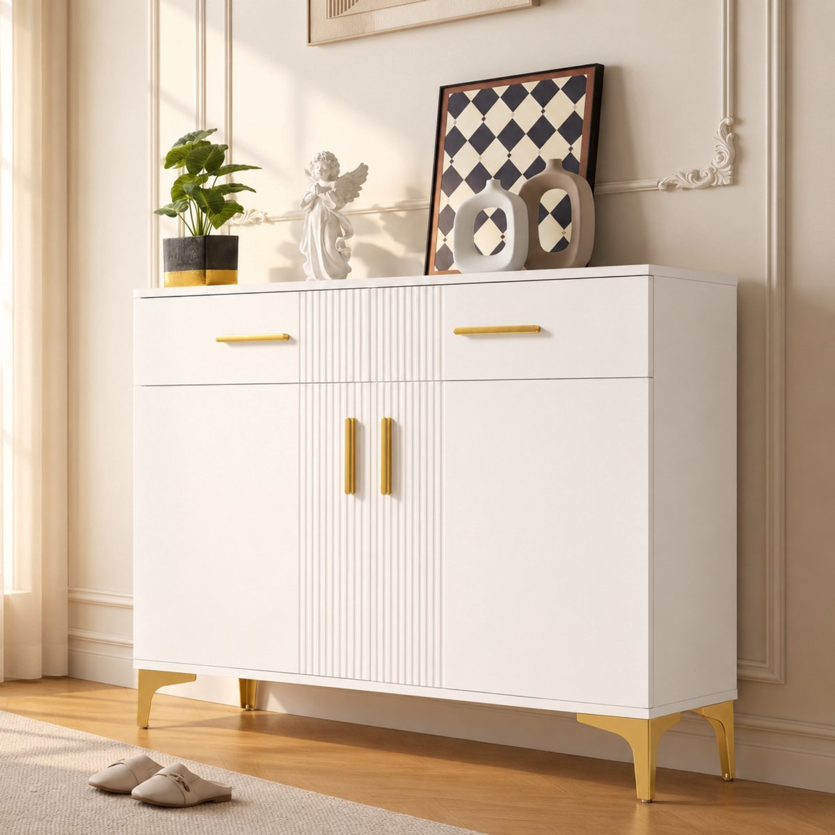 MEUNIQ dressoir met 2 deuren en 2 lades – 80 x 35 x 79,5 cm – witte opbergkast met gouden metalen handgrepen en poten voor woonkamer of hal