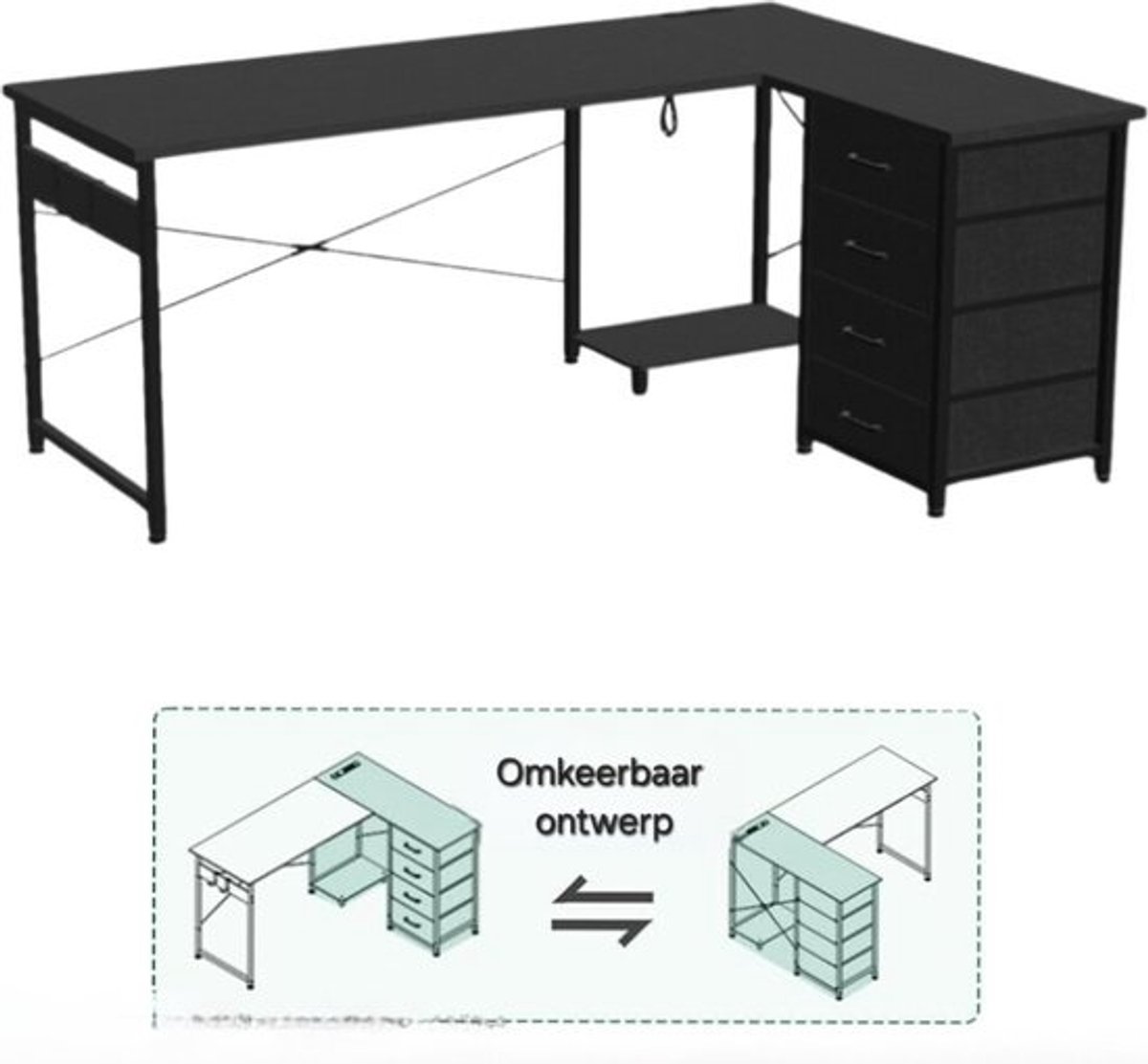 hoekbureau gaming-L-vormig bureau met stopcontacten en USB-oplaadpoort-135 x 100 cm-zwart