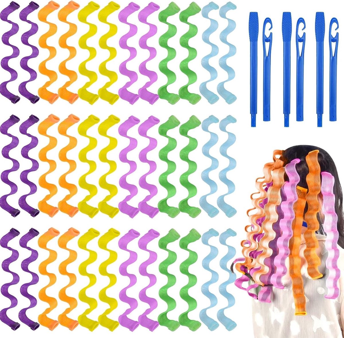 Spiraal Haarrollers Set van 36 Stuks voor Golvend Haar - 30 cm Styling Kit zonder Hitte met 2 Styling Haken voor Lang en Kort Haar