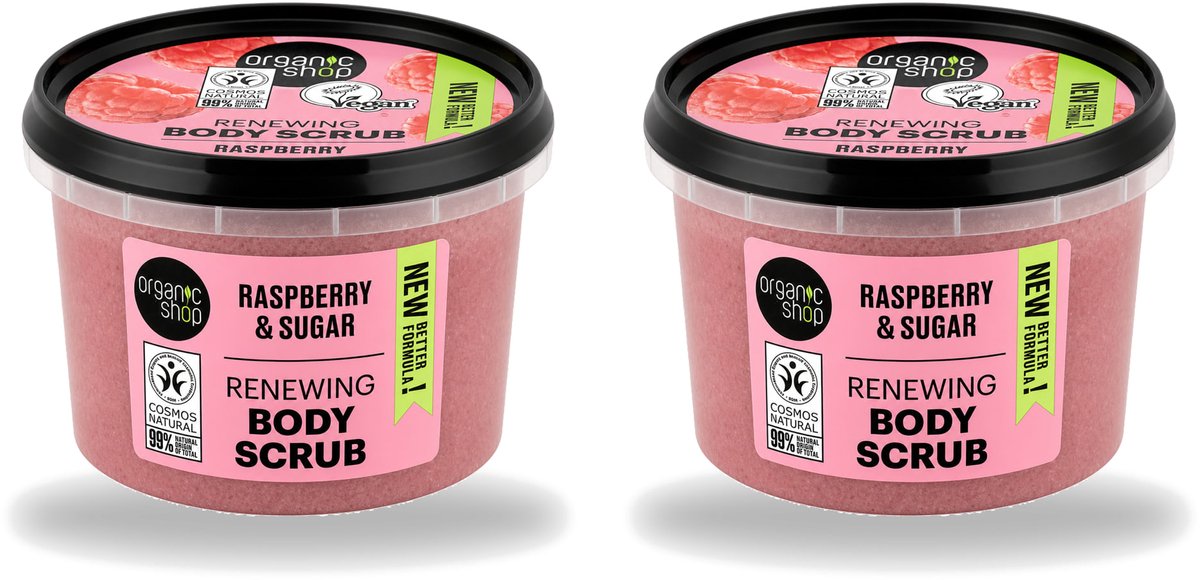 2 x Organic Shop - Organic Raspberry & Sugar Body Scrub - Verfrissend en Peeling - 250 ml - Voordeelverpakking - 2 stuks