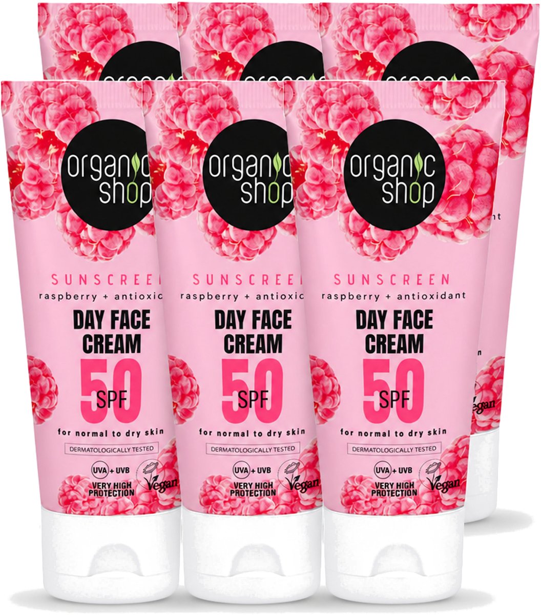 6 x Organic Shop - Zonnebrandcrème Gezicht SPF 50 - Normale Huid - 50 ml - Voordeelverpakking - 6 stuks