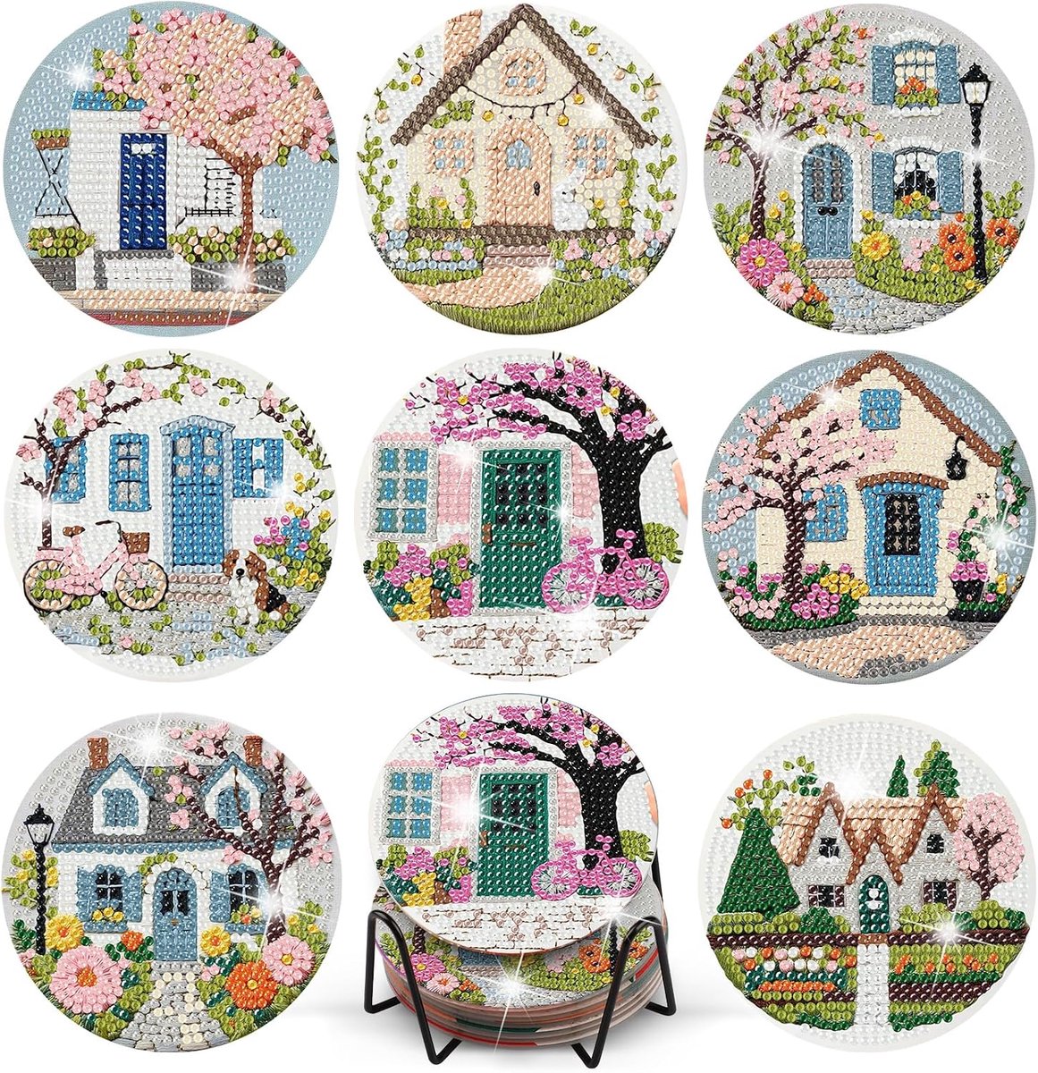 8 stuks huisdiamantschilderij-onderzetters met houder, doe-het-zelf koffie, drank, landschap, diamantschilderij, onderzetters, afbeeldingen, diamantbekeronderzetters met kurk, mozaïek