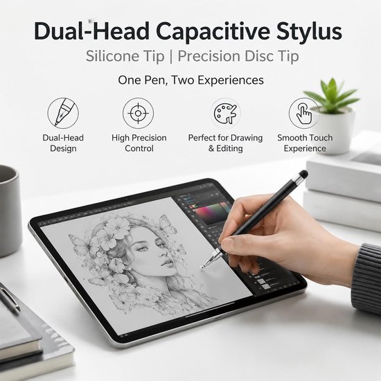 2-in-1 capacitieve touchscreen-stylus met 20 vervangende rubberen punten, nauwkeurige stylus voor iPad, iPhone, iPad Pro, Galaxy, tablet en smartphone, zwart — afbeelding 4