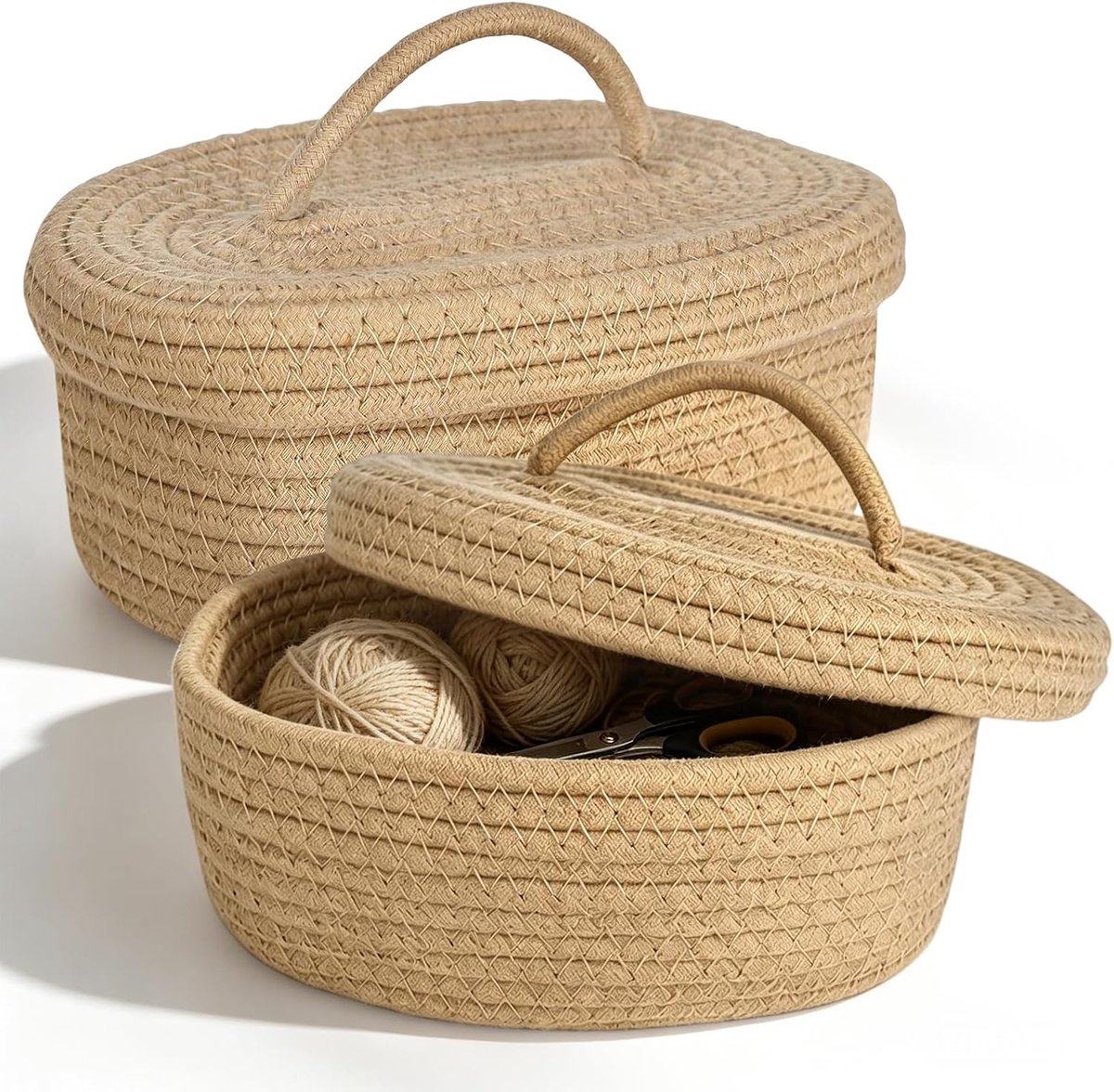 2 stuks opbergmanden met deksel, 23 x 15 x 10 cm, katoenen touw, gevlochten manden, opbergorganizer met handvat, mand voor rekken, woonkamer en badkamer (bruin)