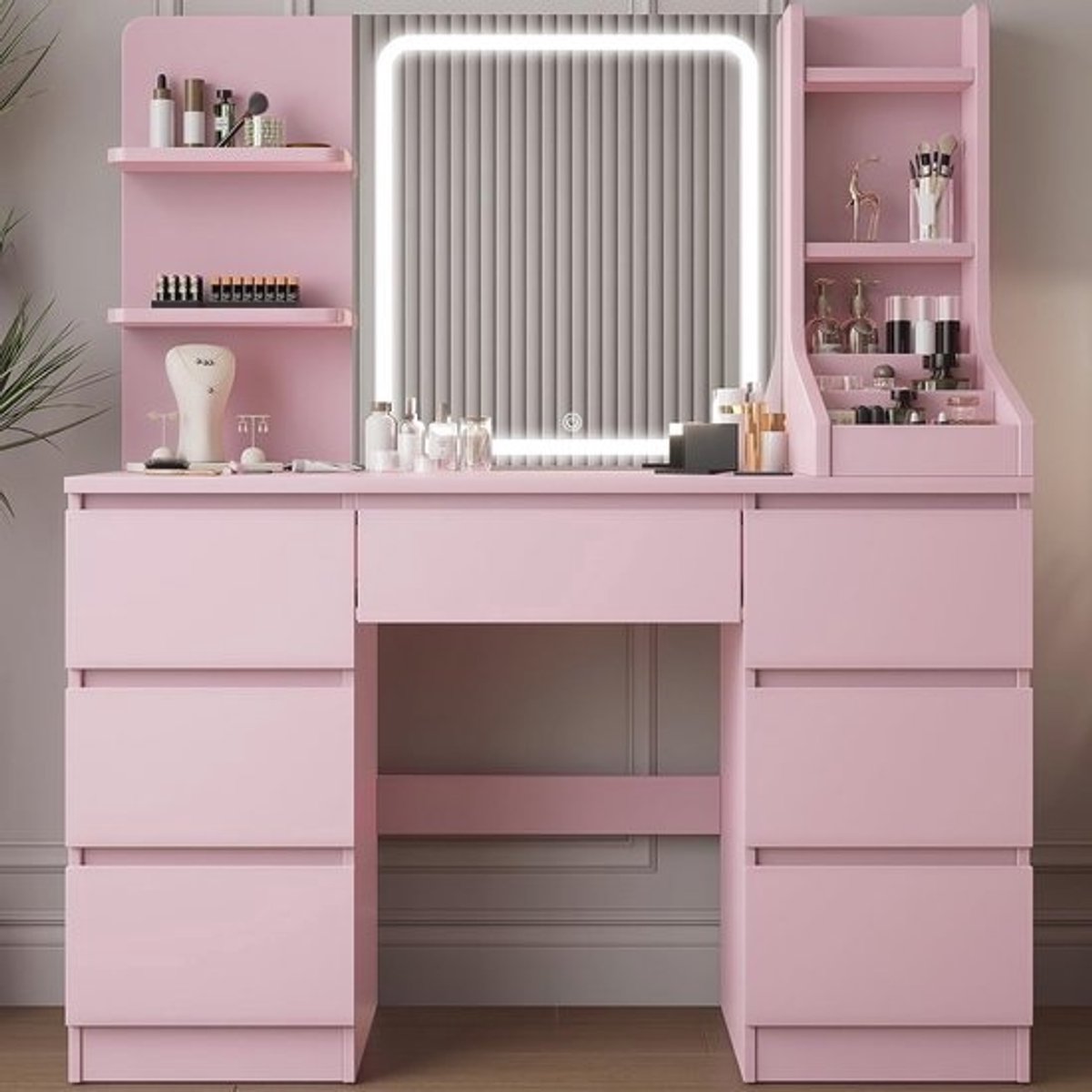 Moderne Kaptafel met LED Spiegel en Verlichting, instelbare helderheid, 4 planken en 7 laden, 110 x 40 x 139 cm, grote opbergruimte (Roze)