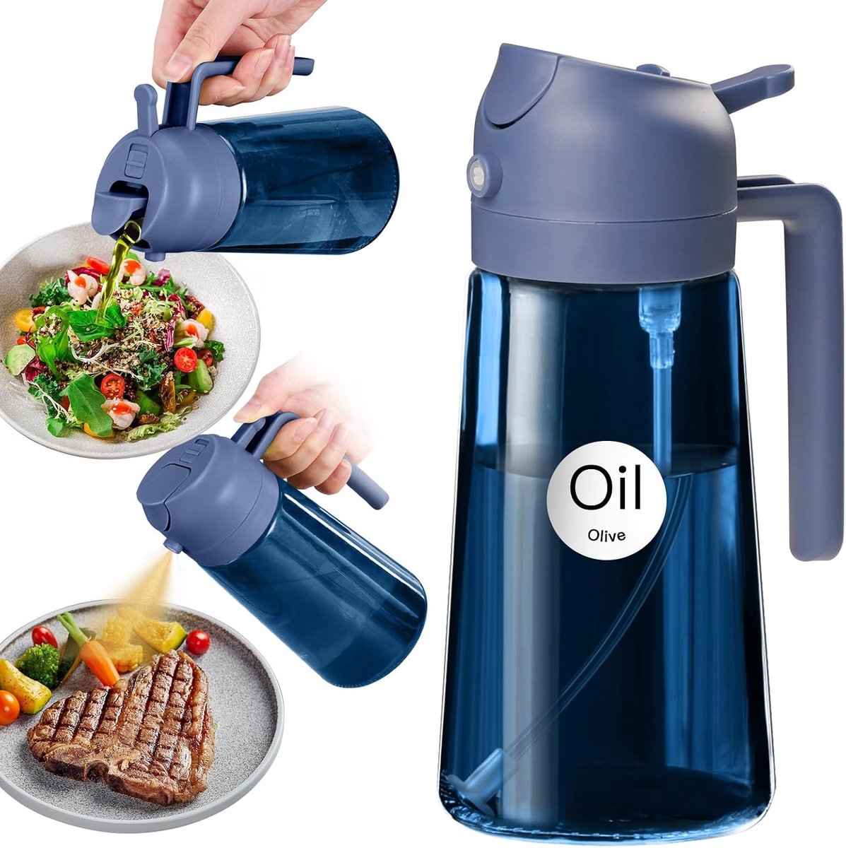 470 ml, ondoorzichtige oliesproeier om te koken, 2-in-1 olijfoliedispenser voor keuken, premium blauwe glazen fles, voedselveilige olieverstuiver voor heteluchtfriteuse en grill (marineblauw