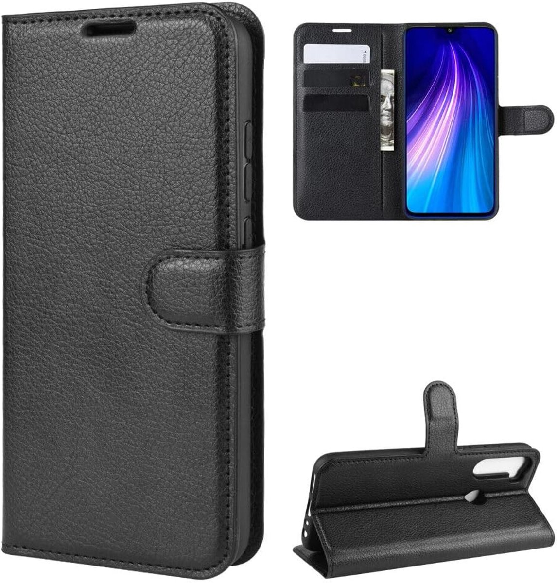 Betterfon Hoes voor mobiele telefoon, compatibel met Xiaomi Redmi Note 8T, premium kwaliteit TPU klaphoes voor Redmi Note 8T met kaartsleuven, magneetsluiting, zwart