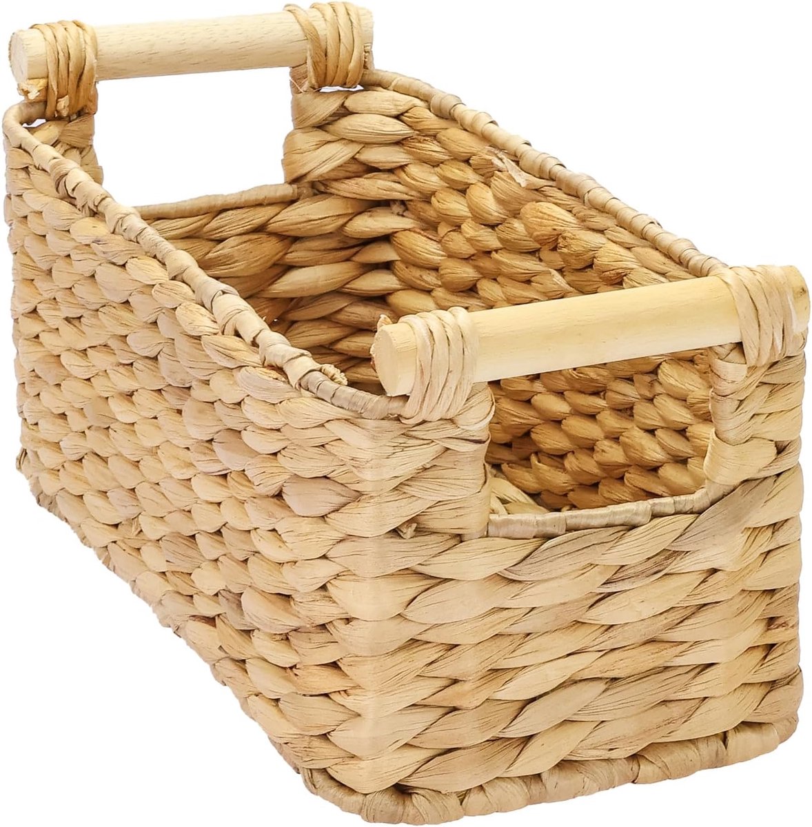 Opbergmand gevlochten van Waterhyacint, decoratieve Mand met houten Handgrepen voor opbergen in Badkamer, Woonkamer, Keuken | 30 x 15 x 13 cm | natuurkleur