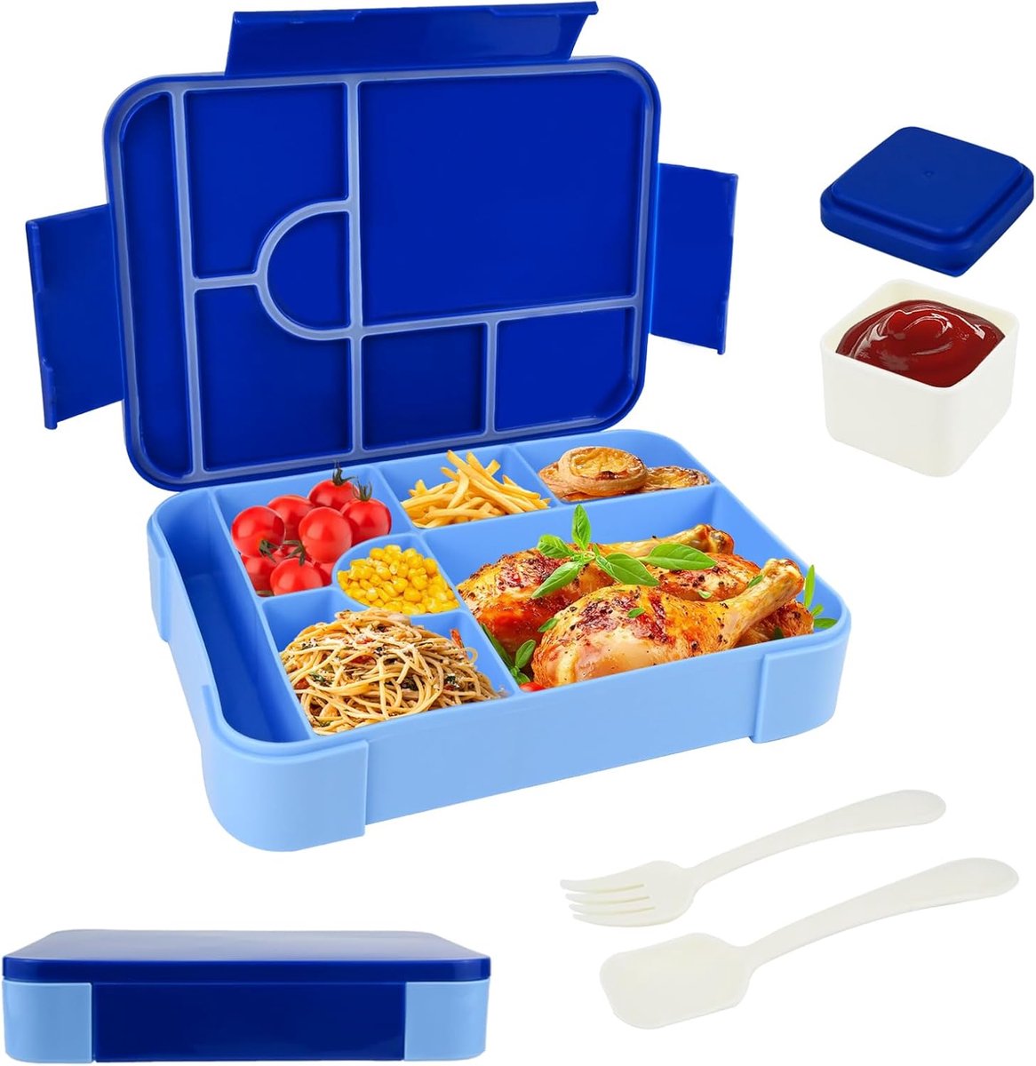 Broodtrommel voor kinderen, 1330 ml, met vakken, BPA-vrij, bentobox voor kinderen (lepel en vork), herbruikbare lunchbox voor school en picknick, magnetronbestendig, snackbox (blauw)