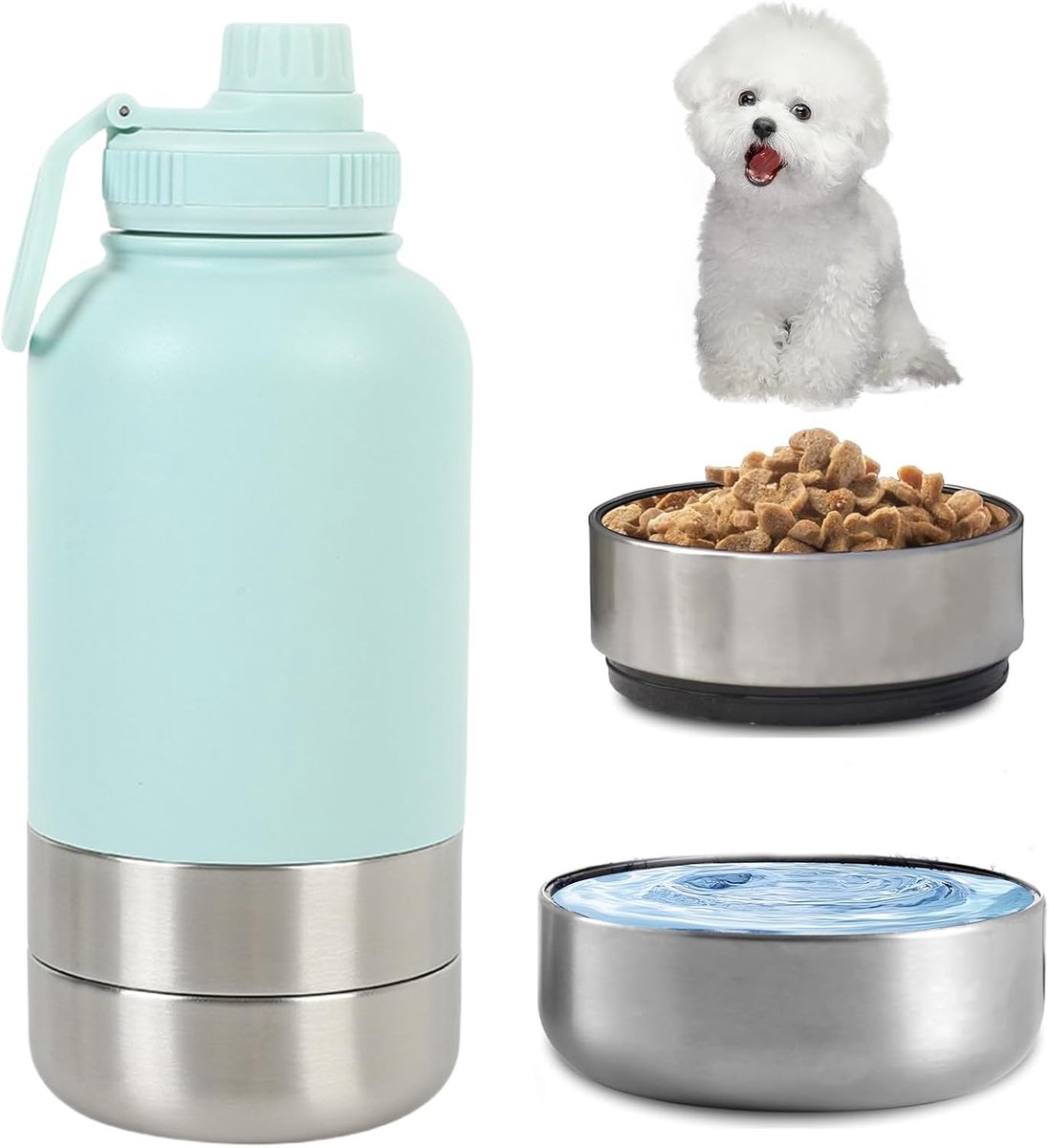 950 ml, 3-in-1 hondendrinkfles voor onderweg, geïsoleerde roestvrijstalen drinkfles voor onderweg, met voerbak en waterbak, thermosfles voor honden, voor reizen, outdoor (blauw, L)