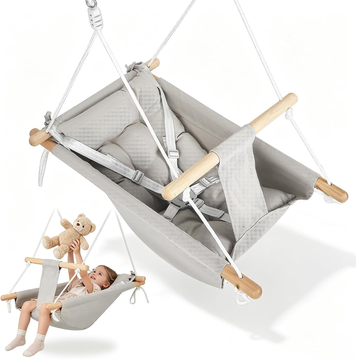 3-in-1, hangstoel van hout met veiligheidsgordel en kussen van katoen, verstelbare babyschommel, kinderschommel voor binnen en buiten, capaciteit 60 kg, 6-36 maanden