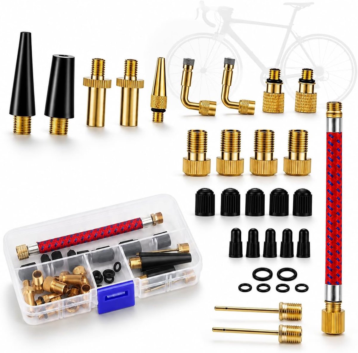 Fietsventiel Adapter Set 32 Delig, Presta Schrader Dunlop AV DV SV, Fietspomp Adapter met Verlengslang, Balnaald en Opbergdoos, voor Fiets, Auto, Motor en Ballen