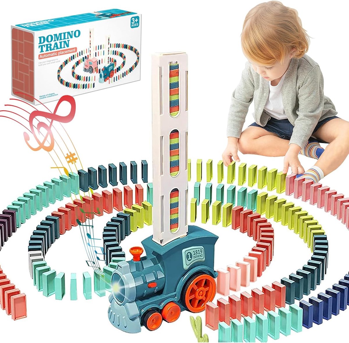Domino Treinspeelgoedset voor kinderen, 100 stuks, automatische domino legging, elektrische trein met geluid, kinderbouwstenen, stapelspel, speelgoed voor jongens en meisjes jaar, cyaan