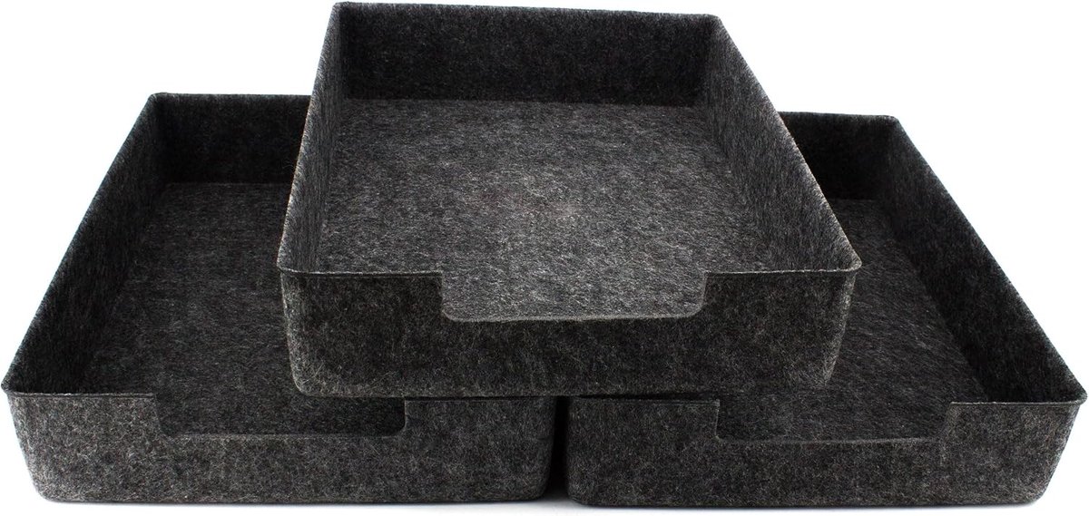 Set van 3 vilten documentenbakjes DIN A4, afmetingen: 33,5 x 24,5 x 7 cm, donkergrijs, stapelbaar ontwerp, afwasbaar oppervlak, briefbakje, bureau-organizer voor kantoor en thuis