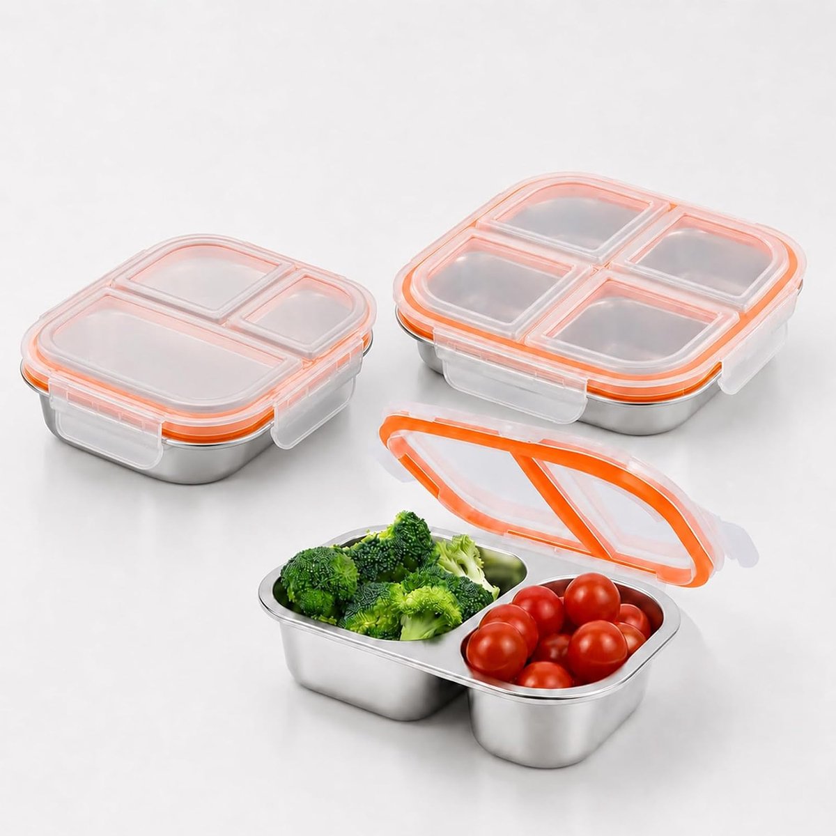 3 stuks roestvrijstalen broodtrommel met vakken, 2,3,4 vaks broodtrommel, Bento lunchbox voor volwassenen voor werk, dieetcontrole en magnetronmaaltijdbereiding