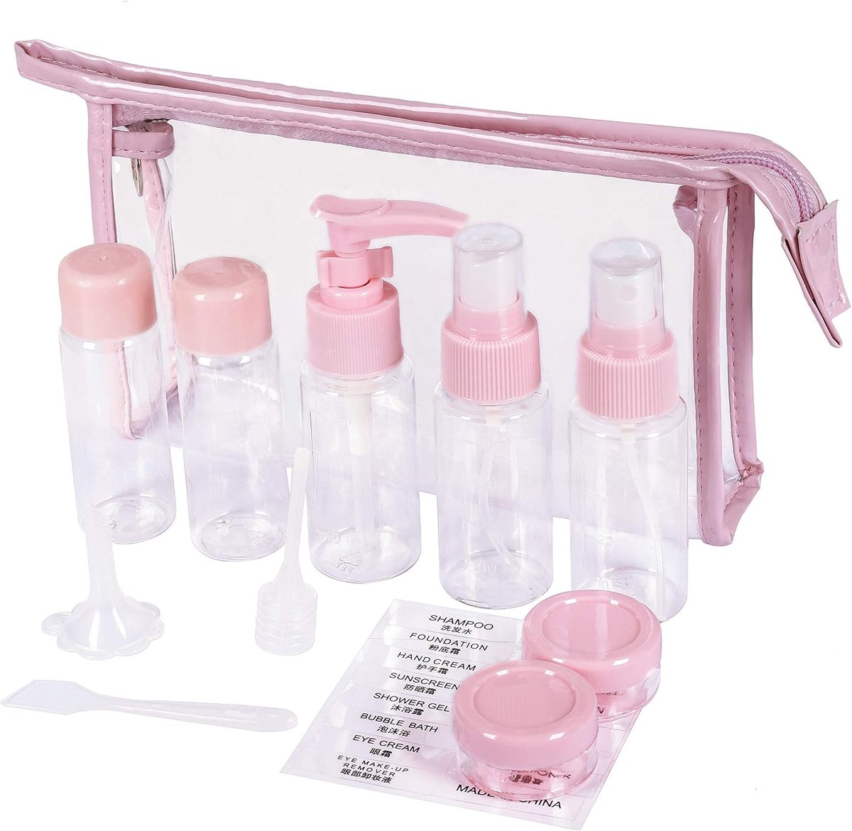 Set reisflessen, doorzichtige plastic navulcontainerset, lege potten met doorzichtige toiletartikelen, zak lekvrij voor cosmetica, shampoolotions, conditioner, vloeibare crèmes, 12 stuks