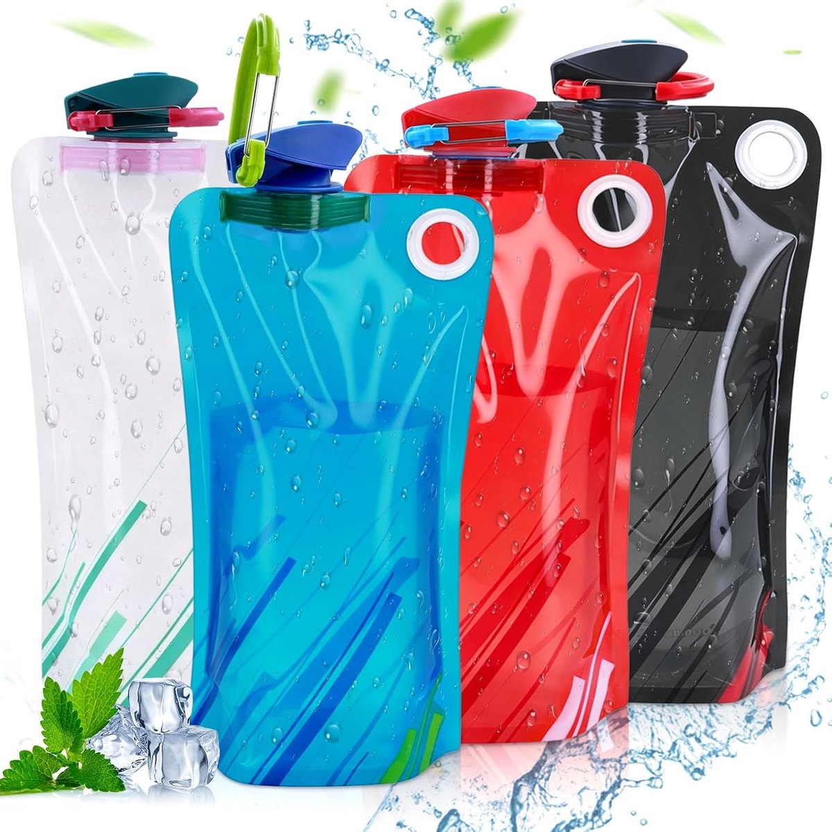 Drinkfles, 1 l, 4 stuks, drinkzakken, festival, drinkfles, opvouwbare waterfles met karabijnhaak, BPA-vrij, herbruikbare opvouwbare fles, waterzak, festivalaccessoire voor wandelen, reizen