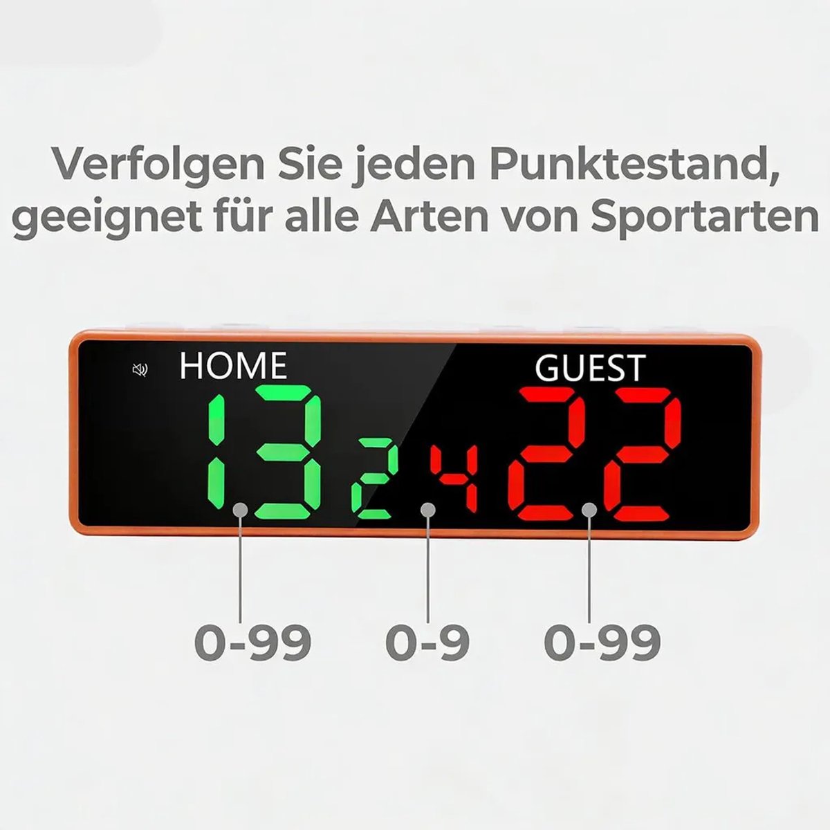 Elektronisch LED-scorebord, circa 15 uur batterijduur bij opladen via USB-C, inclusief zoemer, draagbaar tafelmodel, Geschikt voor tafeltennis en basketbal.