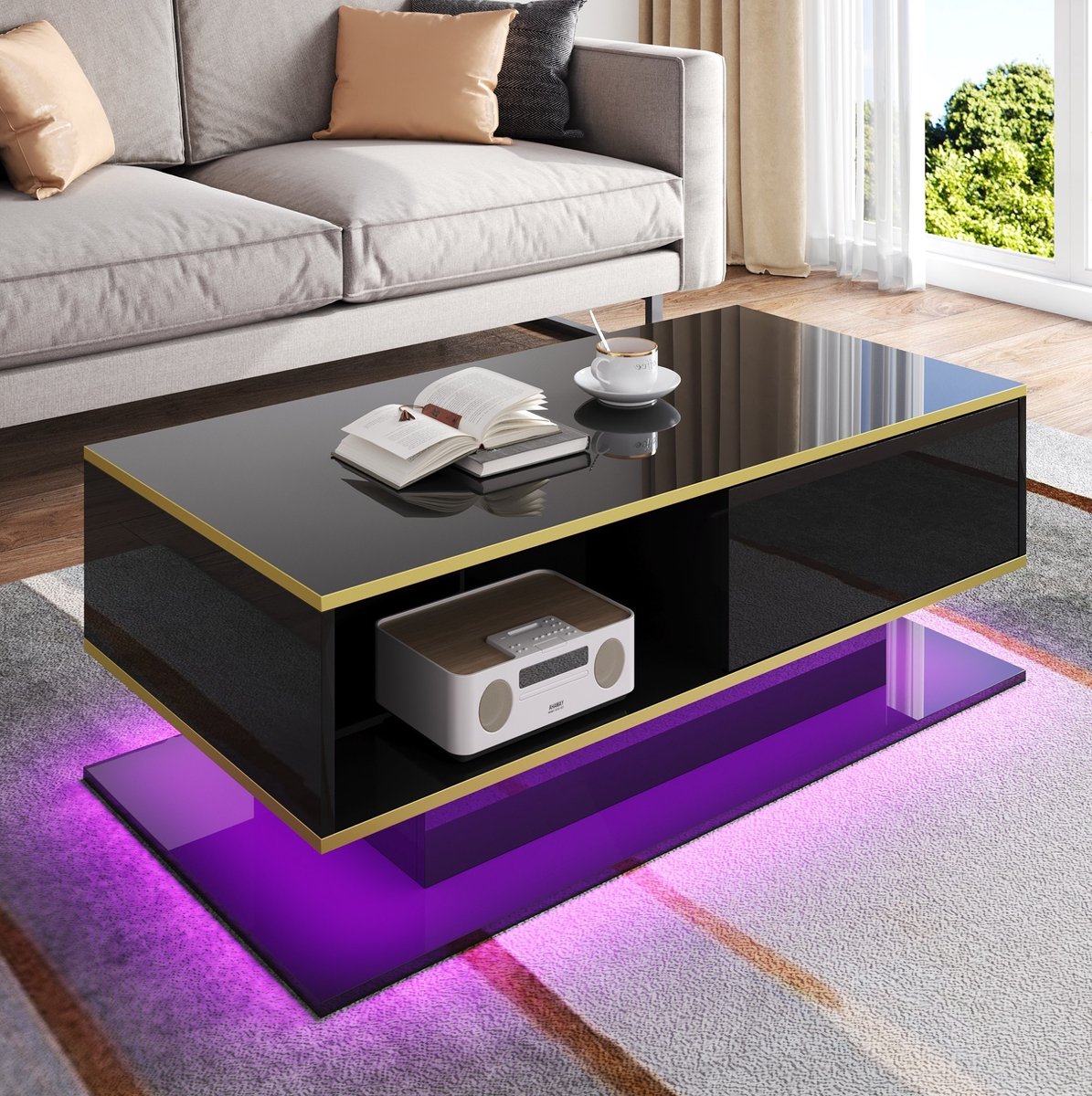 MEUNIQ LED-salontafel 100 x 50 x 40 cm met 3 lades, open opbergvak, dimbare kleurwisselende USB-ledstrip, hoogglans zwart met gouden decor, woonkamer