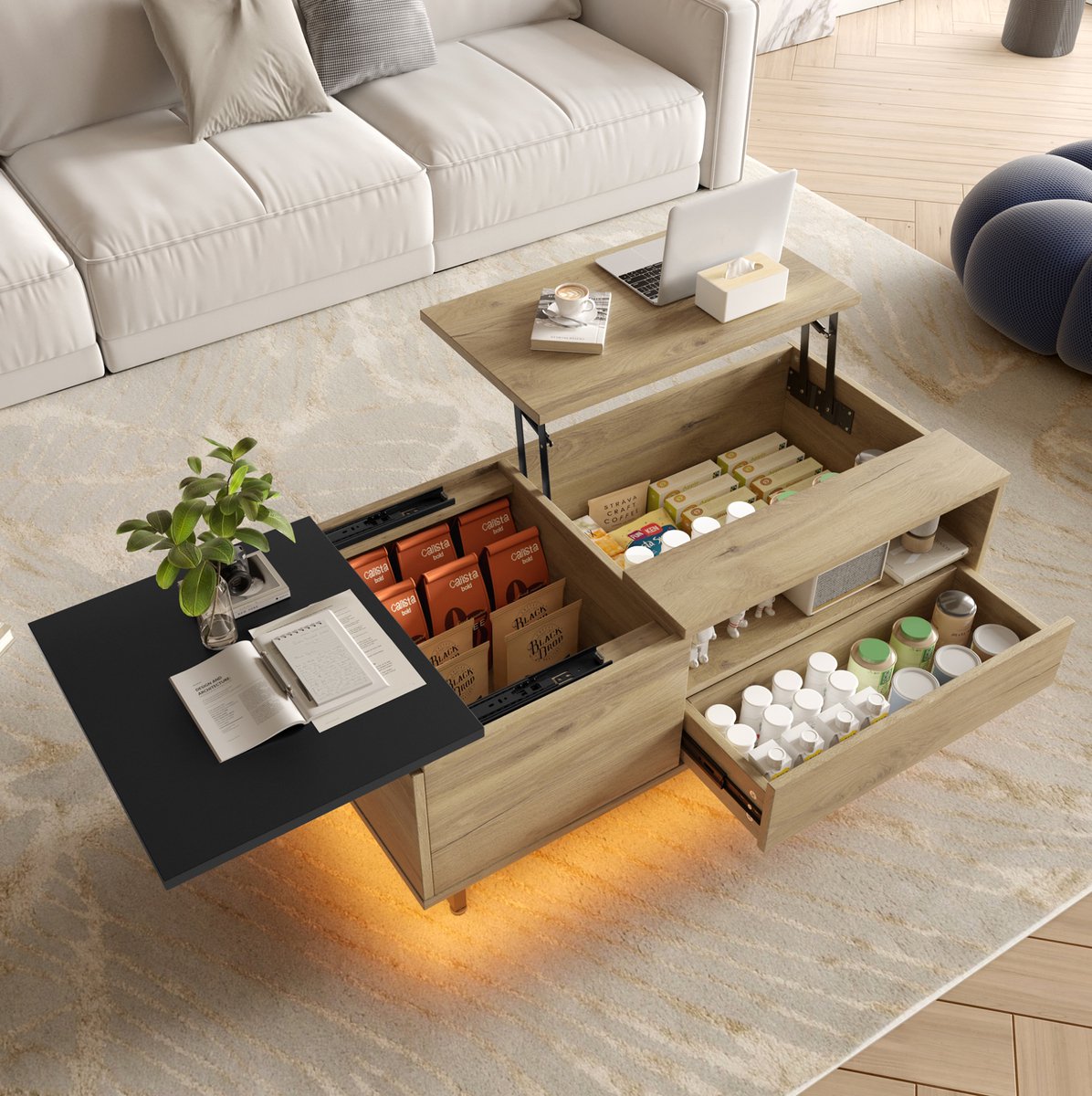 MEUNIQ Salontafel 103,5 x 50 x 27,5 cm met lift-top, lade, open vakken, verborgen opbergruimte en LED-bodemverlichting voor woonkamer, naturel en zwart Natuurlijk