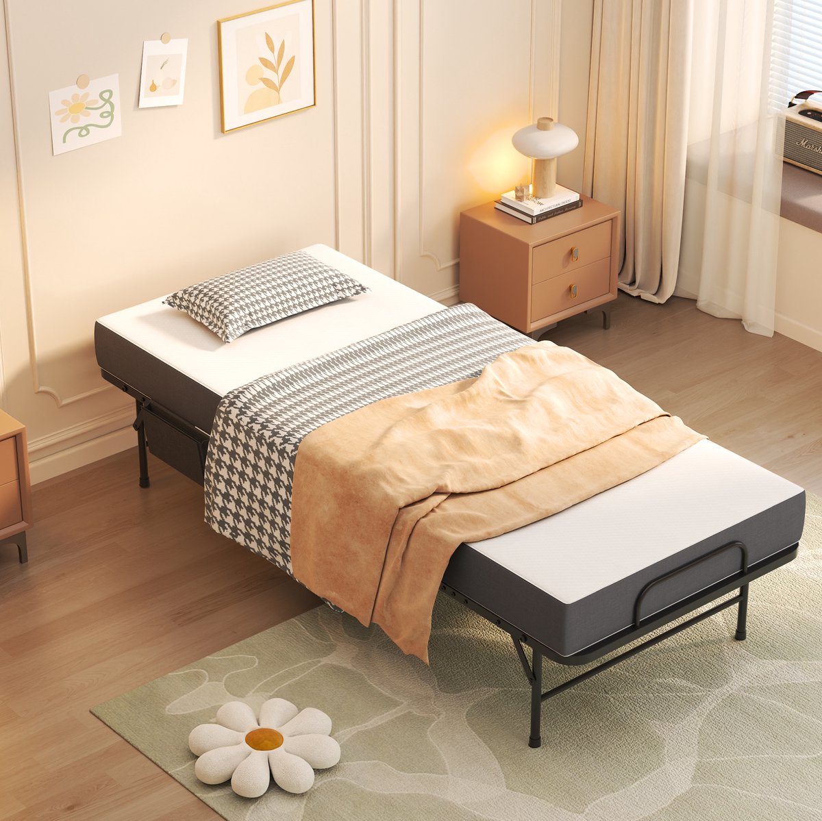 MEUNIQ Opklapbed 190 x 78 cm met 9,5 cm gel-traagschuimmatras, metalen bedframe, 4 vergrendelbare zwenkwielen en opbergtas voor gasten Zwart