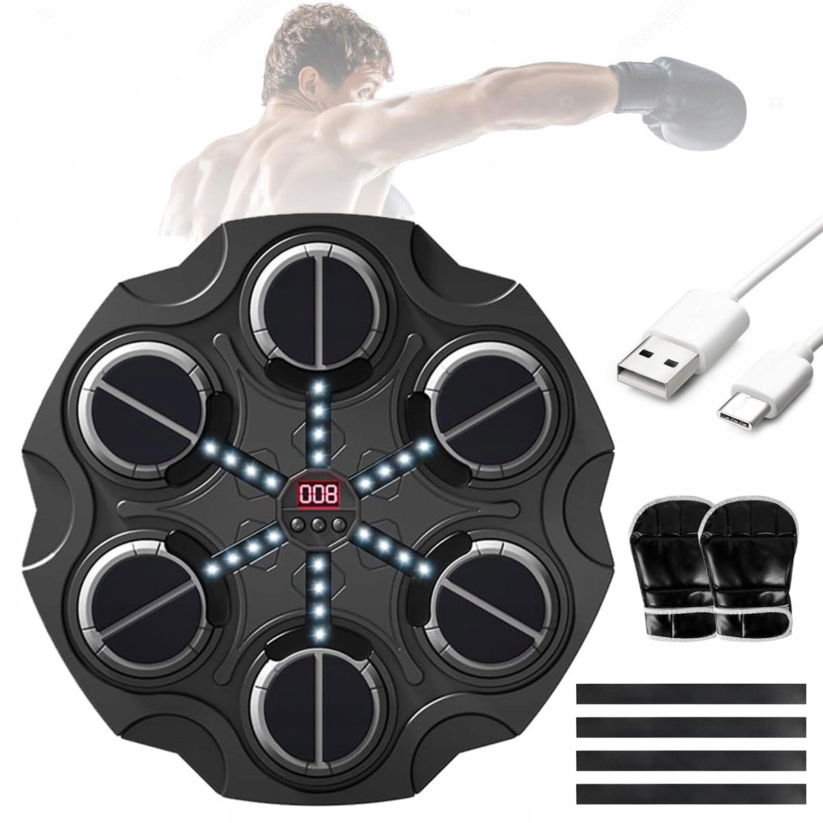 Boksmachine Met Bluetooth-Muziekweergave – 3 Snelheden En 3 Standen – Zeer Elastische Spons – Synchronisatielampjes En Zuignap Scoreteller – Voor Thuisgym En Stressvermindering – Zwart