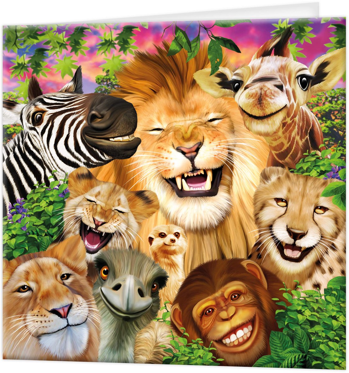 3D-wenskaart - Safarilachjes - kleurrijke menagerie - origineel kunstwerk voor elke gelegenheid - ShopVlot