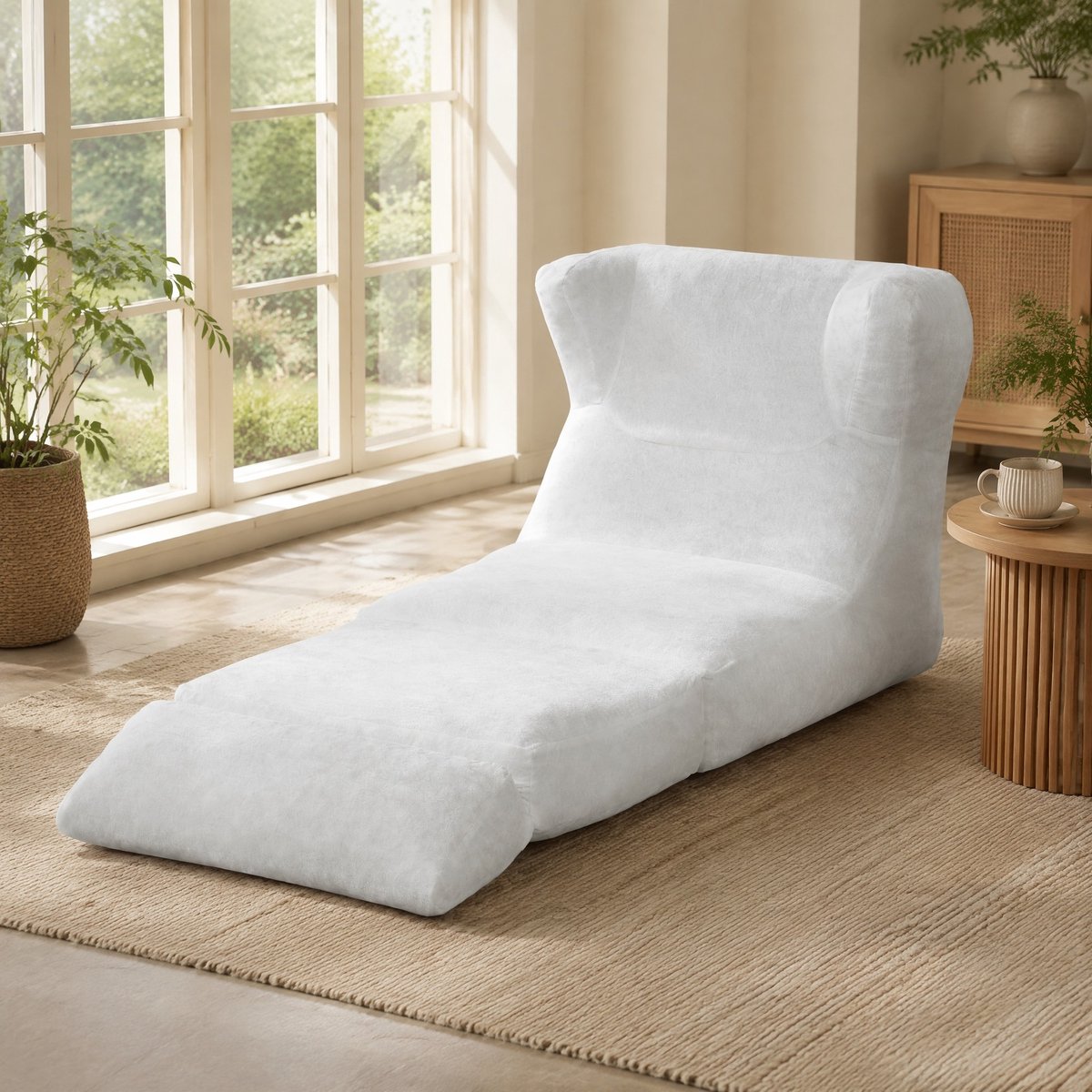 MEUNIQ Fauteuil en ligstoel in één - witte stoffen loungefauteuil met schuimvulling, zonder armleuningen, voor woonkamer of slaapkamer