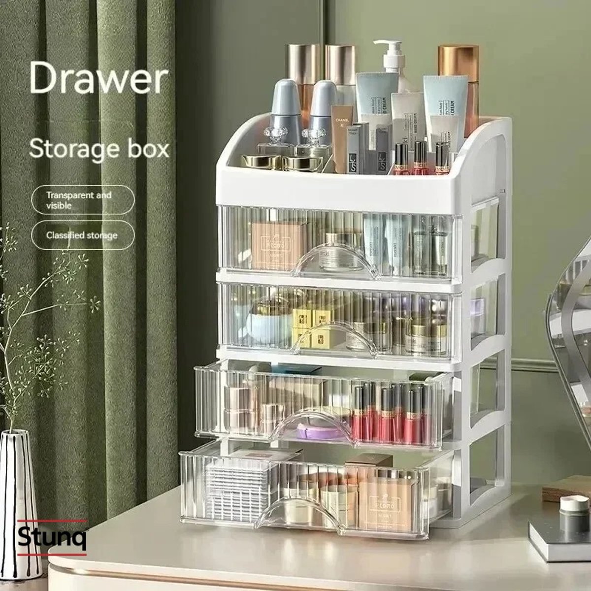 Stunq® Meerlaagse Make-up Organizer met 4 Transparante Lades – 33 cm – Wit