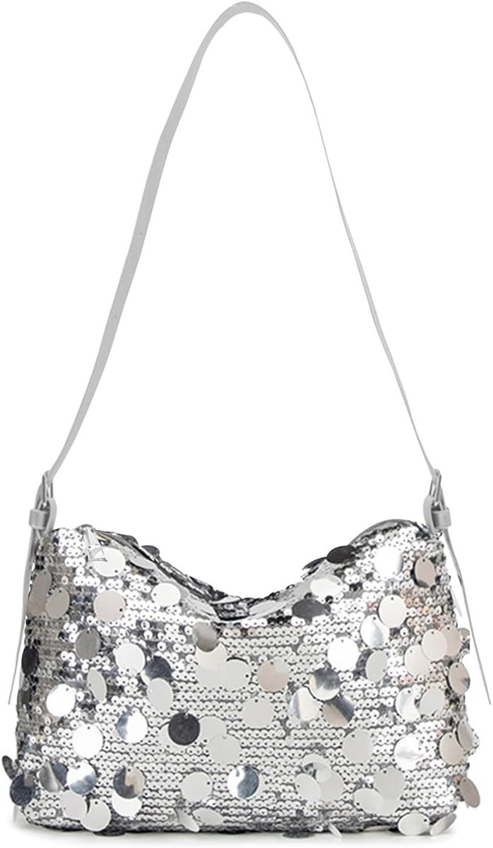 Elegante Avondtas met Zilver Sequins, Ideaal voor Bruiloften, Feesten en Proms, Stijlvolle Dameshandtas met Schouderband en Ruimte voor Essentials