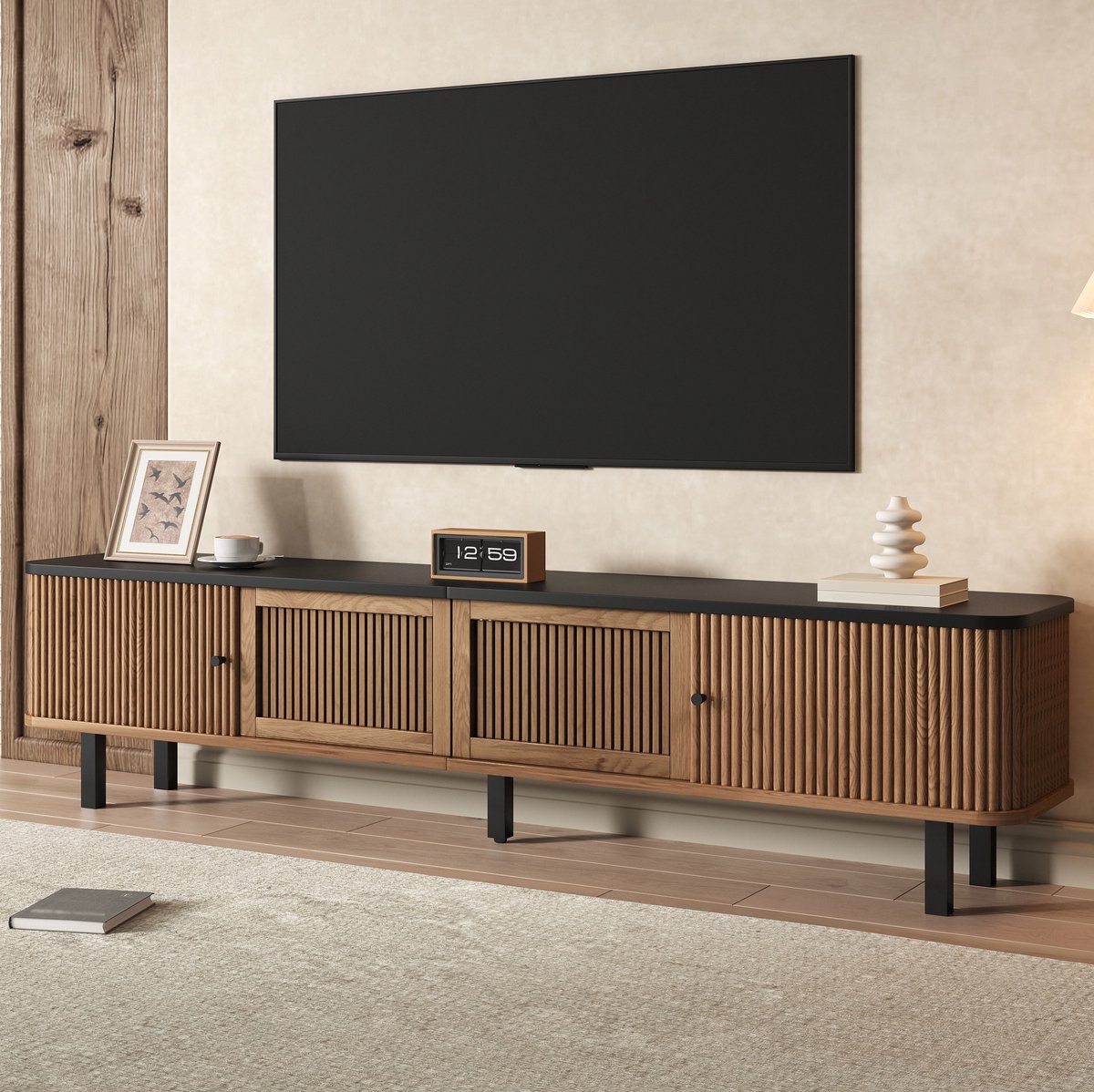 MEUNIQ TV-meubel 190 x 35 x 45 cm met schuifdeuren en roosterdesign, opbergkast voor tv-accessoires en AV-apparatuur, woonkamer en slaapkamer, eiken Eikenkleur