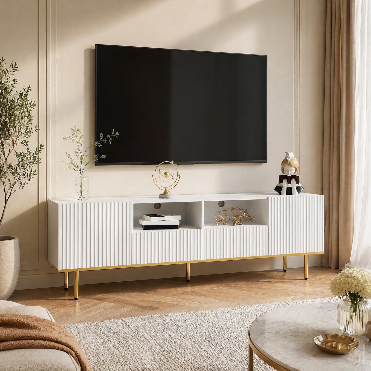MEUNIQ TV-meubel 165 x 36 x 55 cm met 2 lades en 2 open vakken, gouden poten en rand, wit-goud design voor de woonkamer