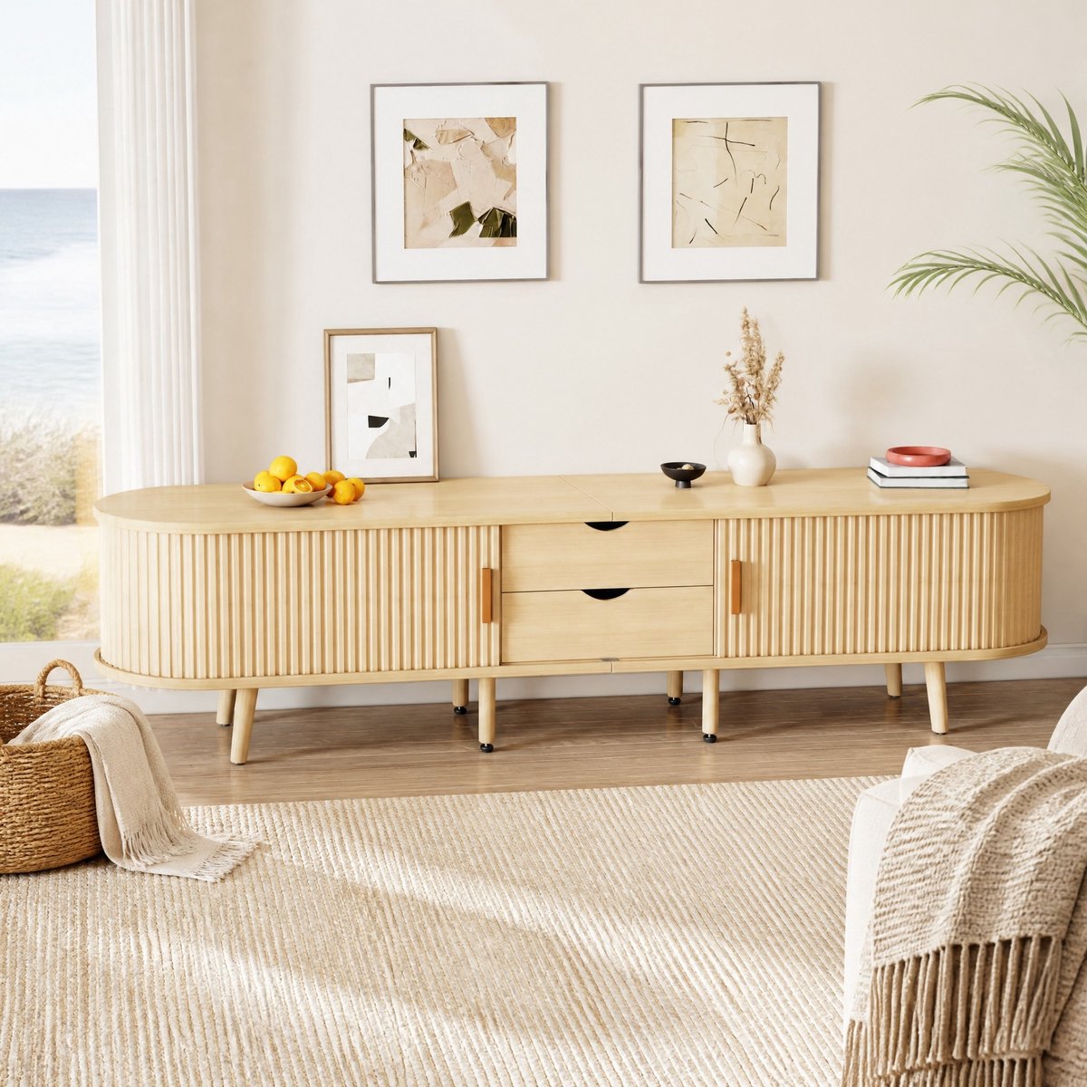 MEUNIQ TV-meubel 170 x 40 x 42 cm met 2 lades, schuifdeuren en verstelbare verdelers – MDF tv-kast voor woonkamer – Eiken