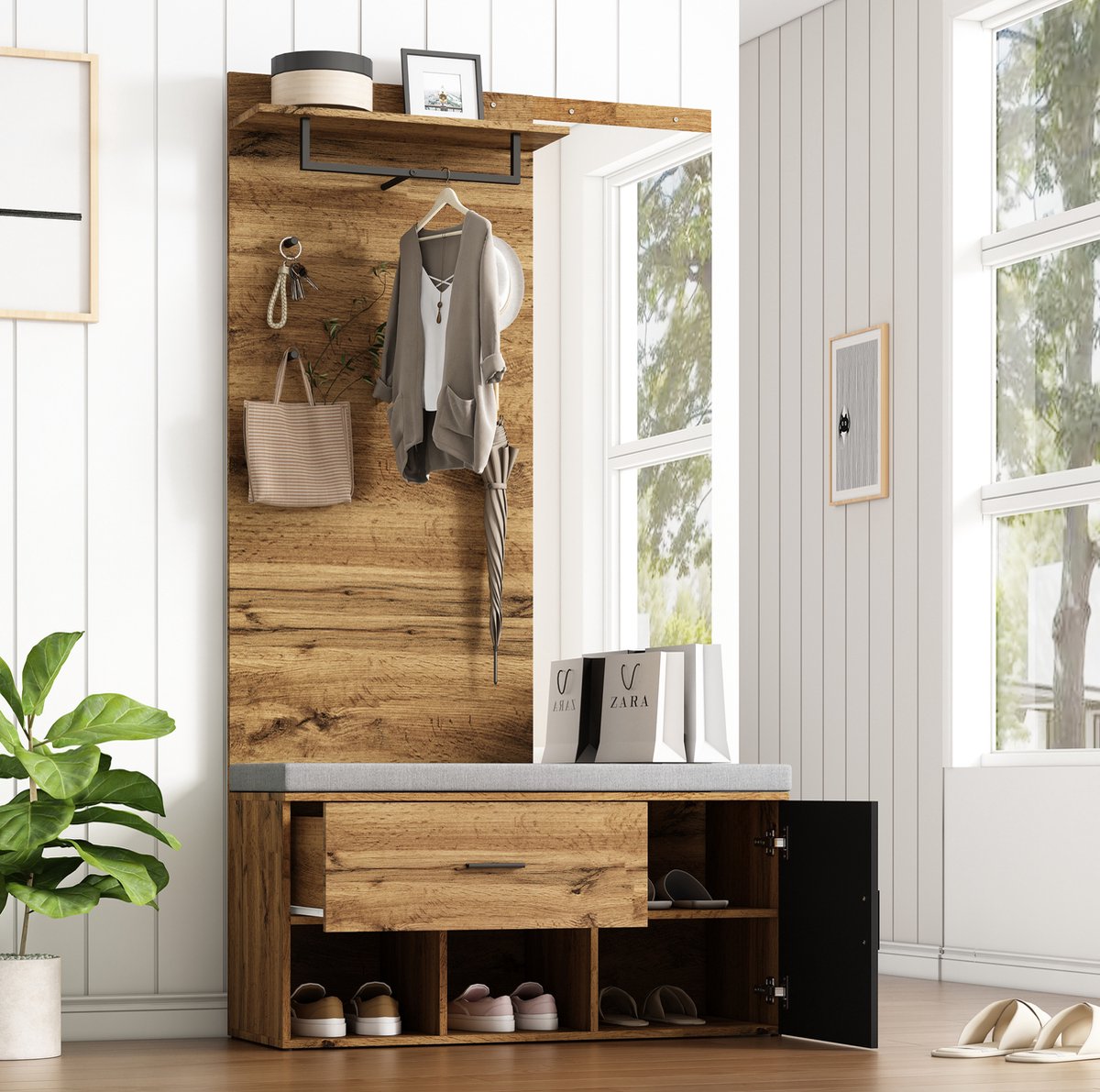 MEUNIQ Garderobeset 104 x 39 x 190 cm met spiegel, schoenenbank met kussen, schoenenkast, lade, open plank, 4 haken en kledingstang voor de hal – Eiken