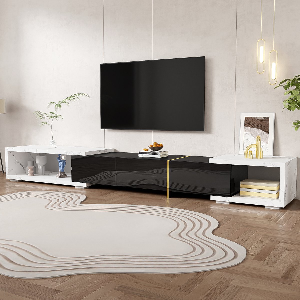 MEUNIQ Uitschuifbaar tv-meubel 140-260 cm met draaibare opstelling, open vakken en opbergruimte voor woonkamer, zwart met wit marmerlook en goudkleurige accenten