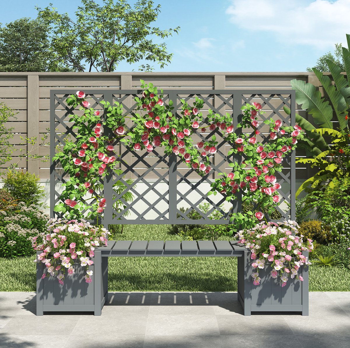 MEUNIQ Grijze rechthoekige plantenbak met klimrek en zitgedeelte, 169 x 42 x 145 cm, drainagegaten, voor tuin, terras en balkon