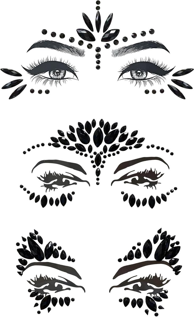 Tijdelijke tatoeages met edelstenen, zwart, zelfklevende strassteentjes, gezichtstatoo glitter, edelstenen, tijdelijke tatoeages voor carnaval, feest, Halloween, Kerstmis, verjaardag, make-up