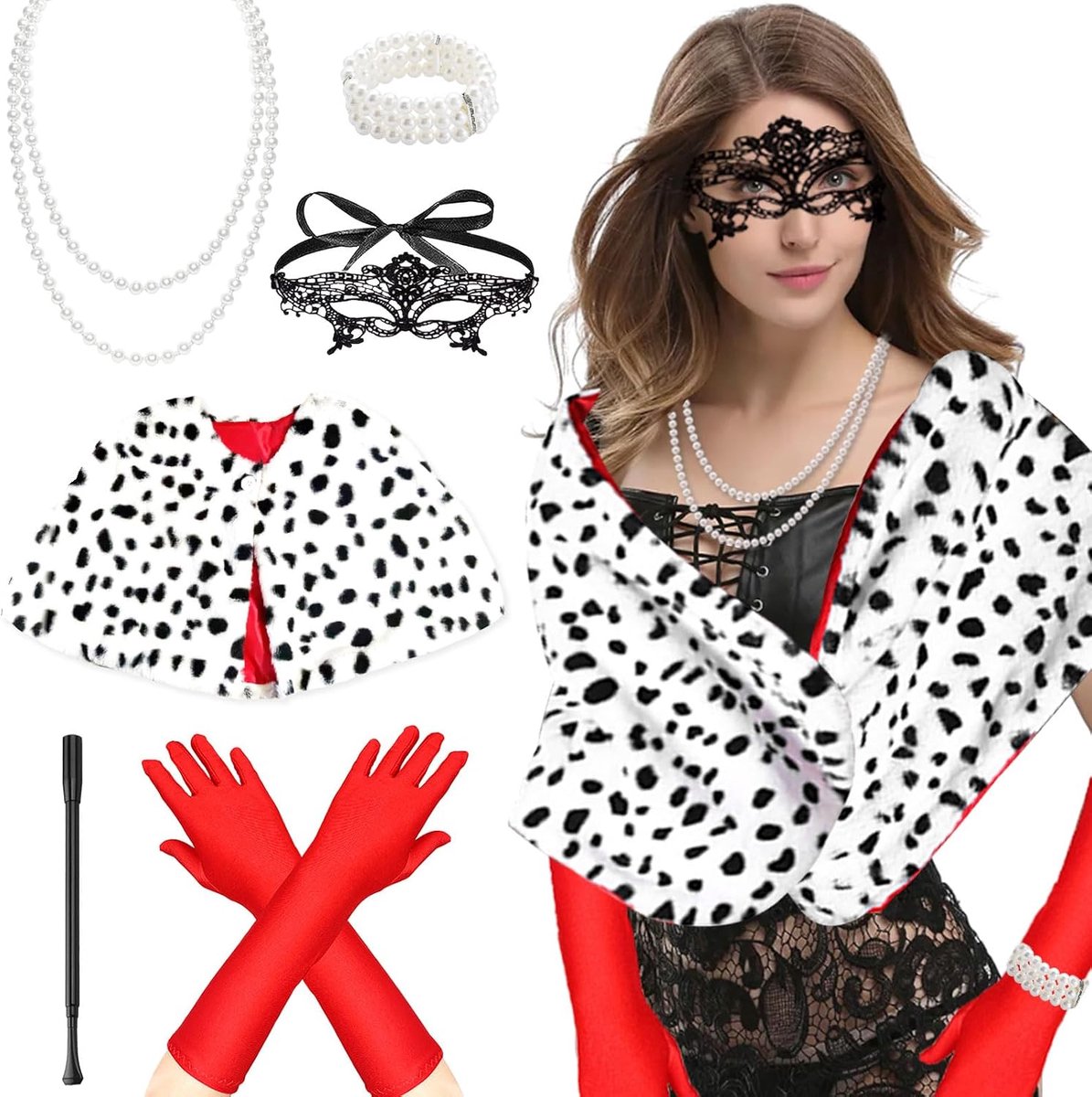 6-delige Cruella Kostuumset voor dames, bestaande uit een gestippelde sjaal, handschoenen, oogmasker, halsketting en armband. Ideaal voor Halloween, carnaval, kostuumfeesten, Werelddag van het boek