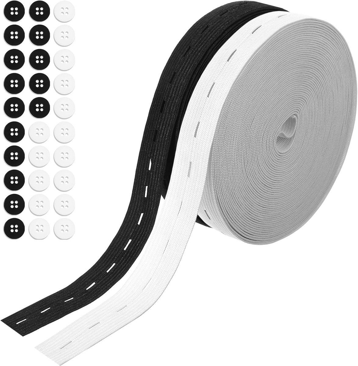 2 rollen elastiek met oogjes 20 mm met 30 knopen, elastiek voor broeken, elastiek met gaten, elastiek om te naaien, wit en zwart om broeken, tassen en culottes strakker te maken