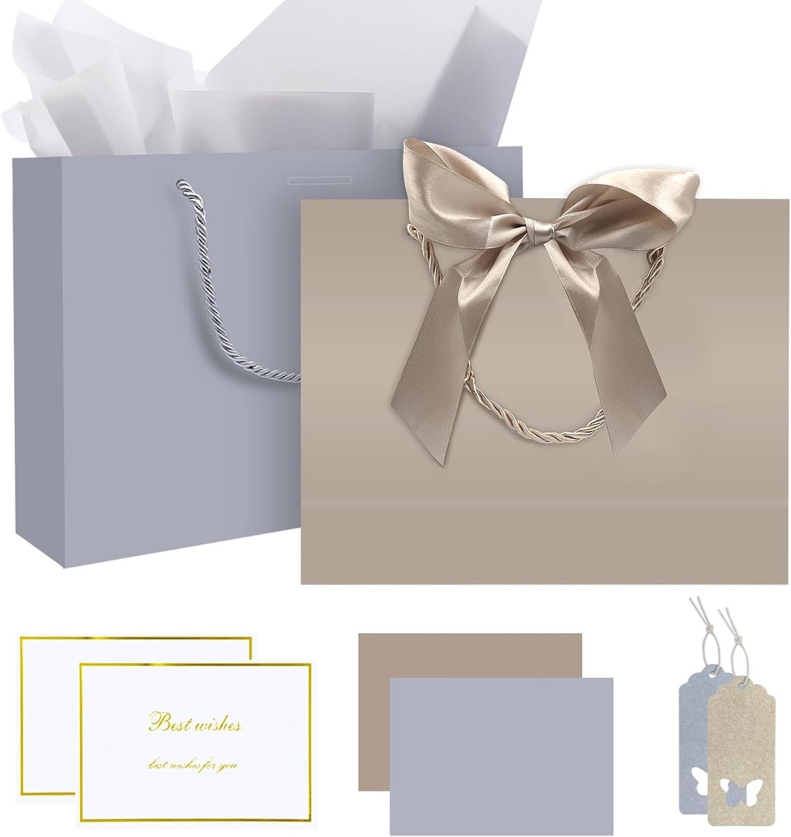 2 stuks geschenkzakjes, papieren zakken met striklint, feestzakje met handgrepen, bruiloftscadeauzakje met tissuepapier en wenskaarten, medium cadeautas, cadeau voor verjaardagsfeestje