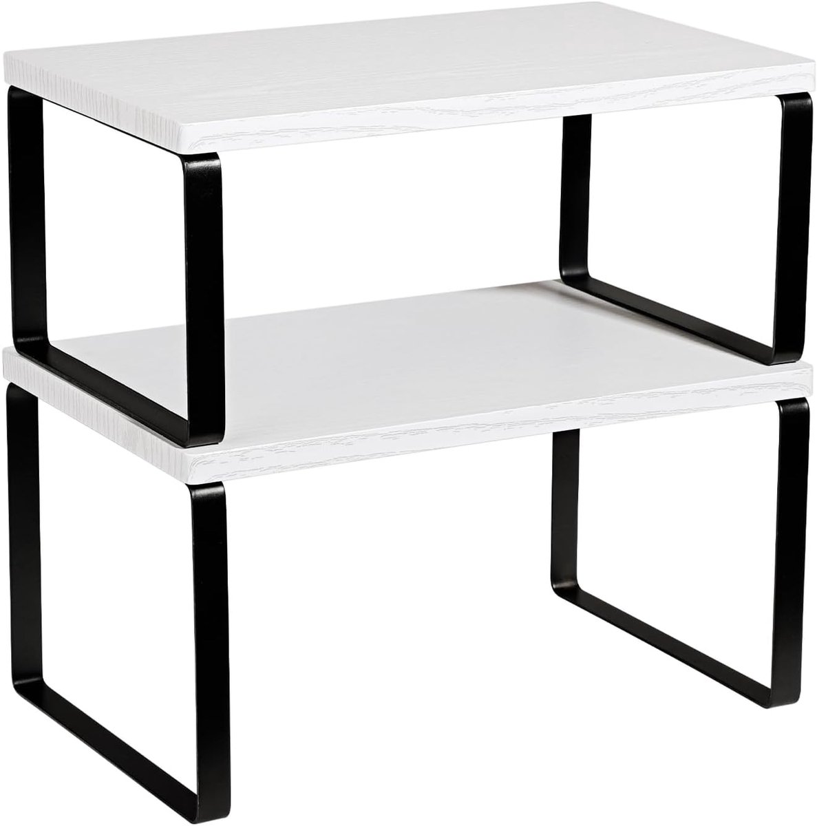 Planken Set van 2 Uitbreidbare Stapelbare Keuken Counter Organizer Kruidenrek Cosmetische Opslag Rack Plant Stand Metaal en Hout, Inkt Zwart en Sneeuwwit