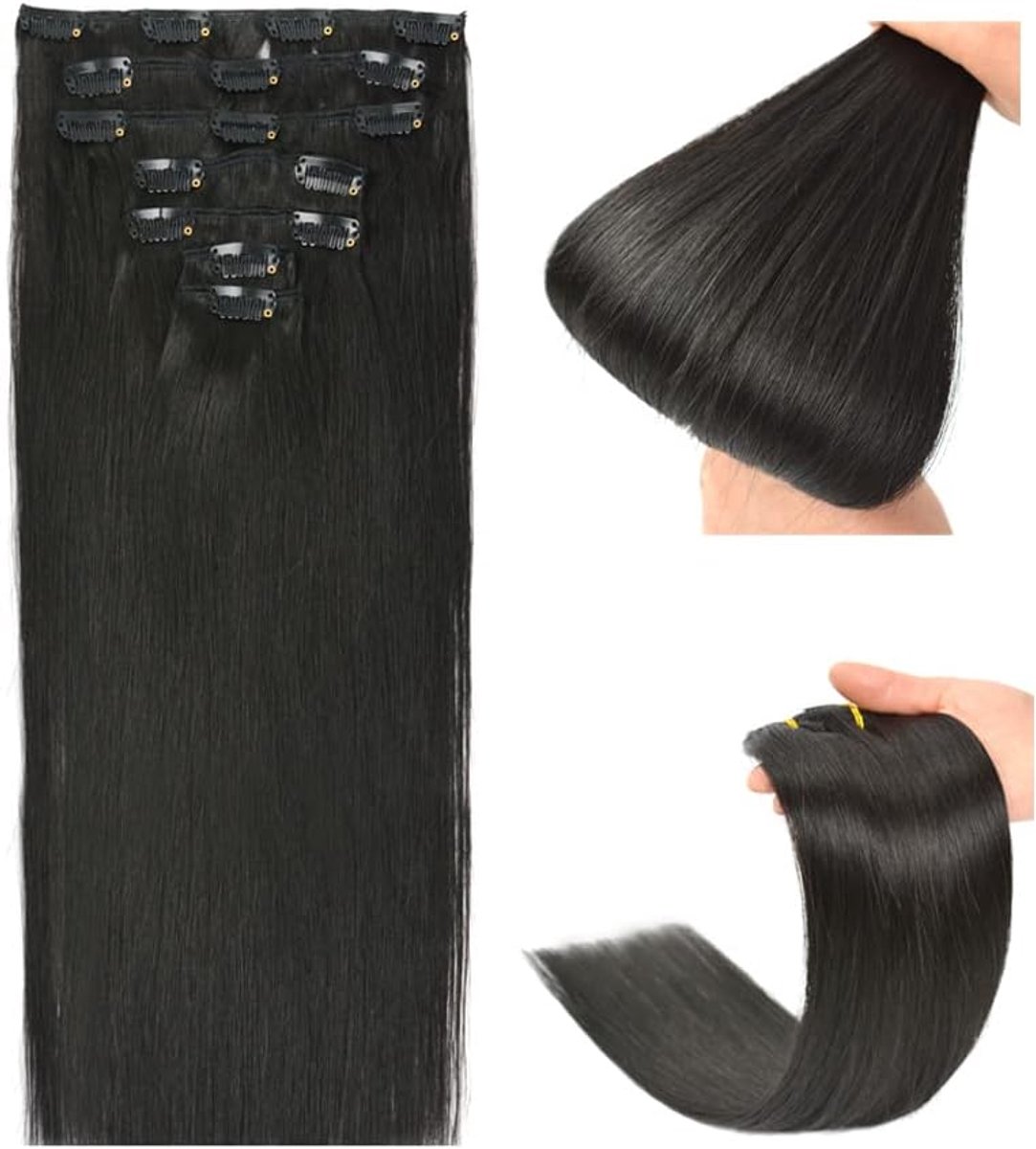 Extensies, echt Remy-haar, clip-in haarextensies, 80 g, 7 stuks, 35 cm, #1B natuurlijk zwart