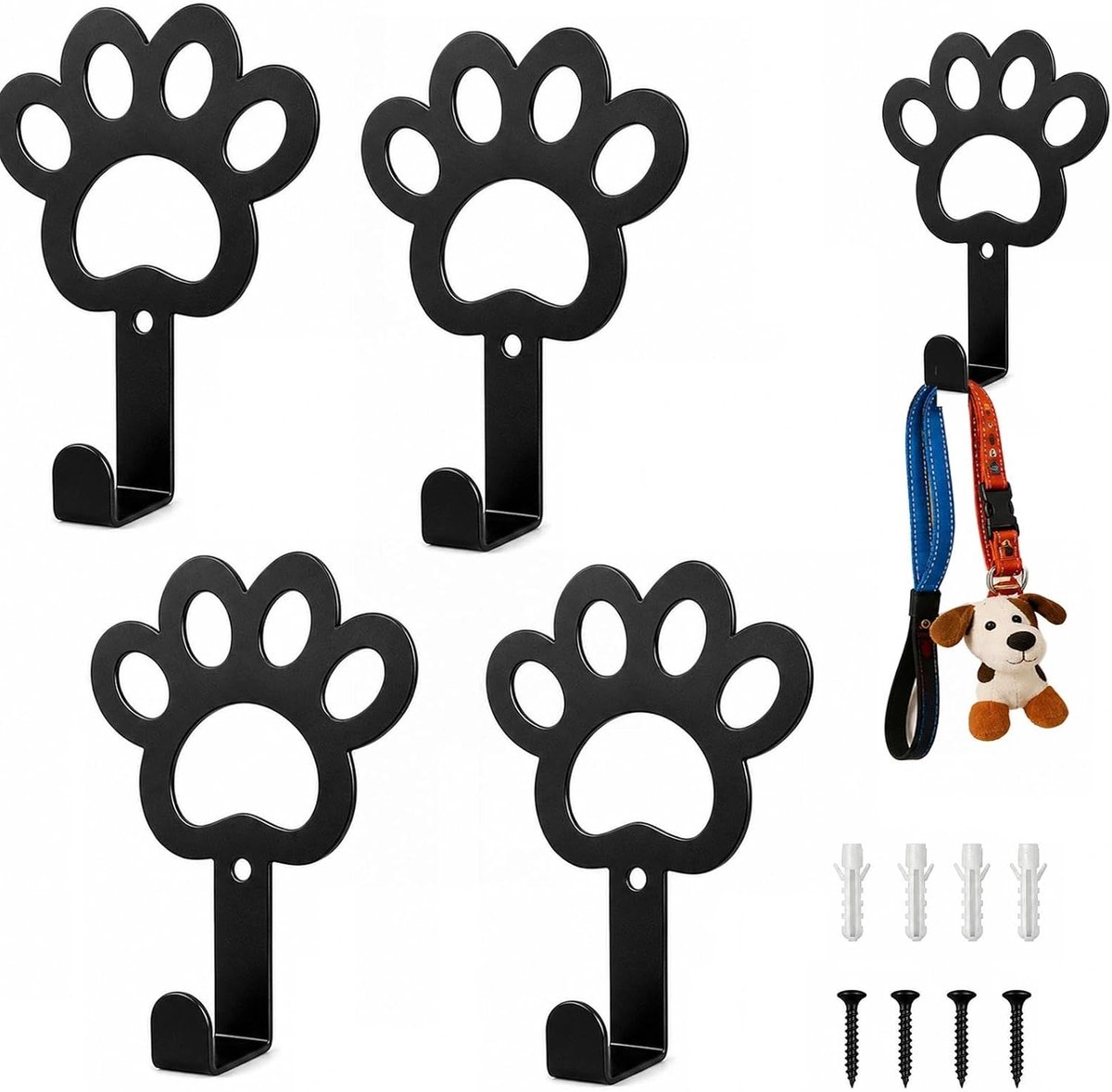 Hondengarderobe aan de muur, hondenriemhouder voor hondenharnas, riem, halsband, set van 4 hondenpoothaken, multifunctionele sleutelhouder, voor hondenharnas, lijn en halsband