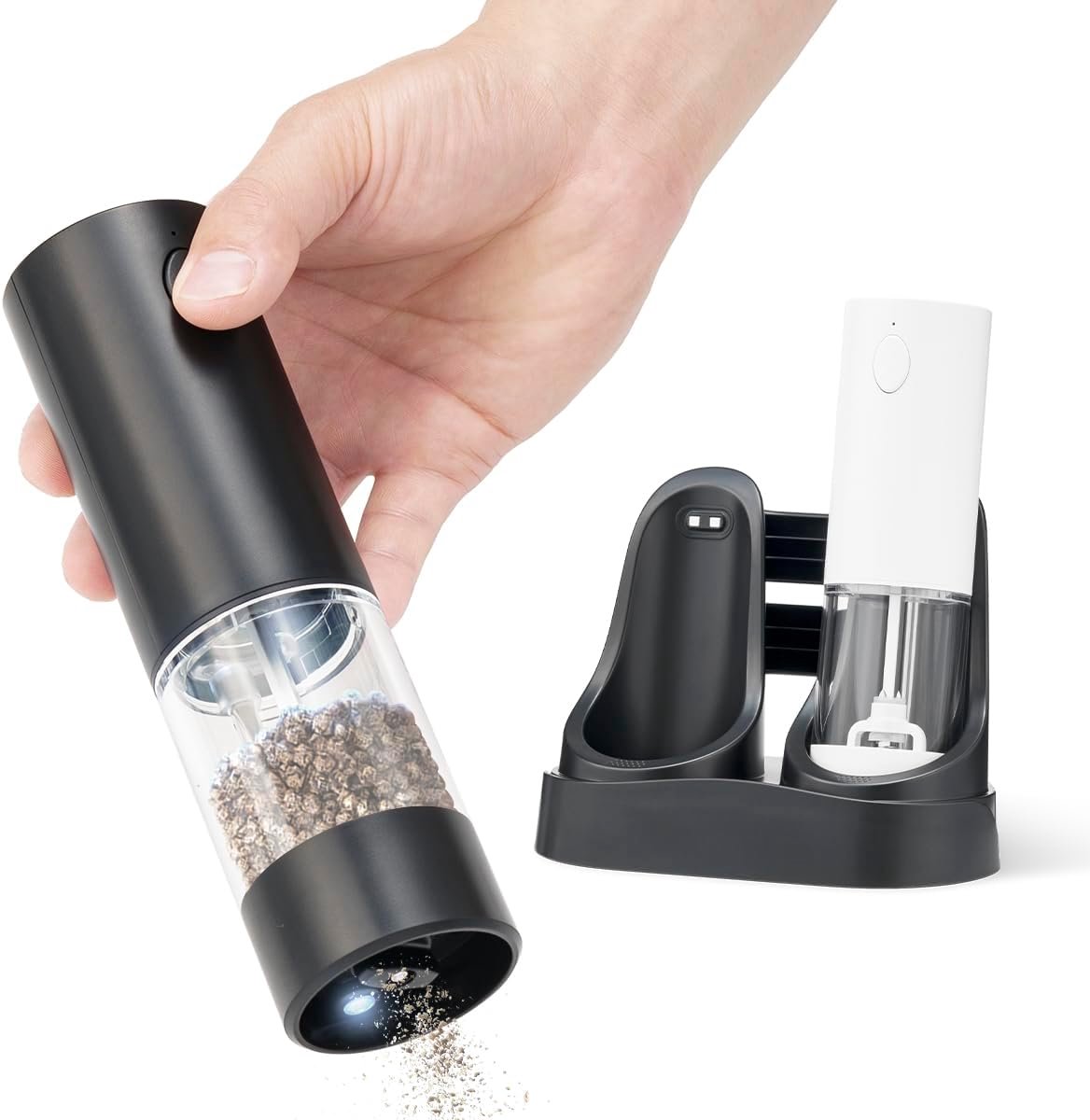 Zout- en pepermolen, automatische specerijen met USB-laadstation, instelbaar malen en ledlicht, bediening met één hand