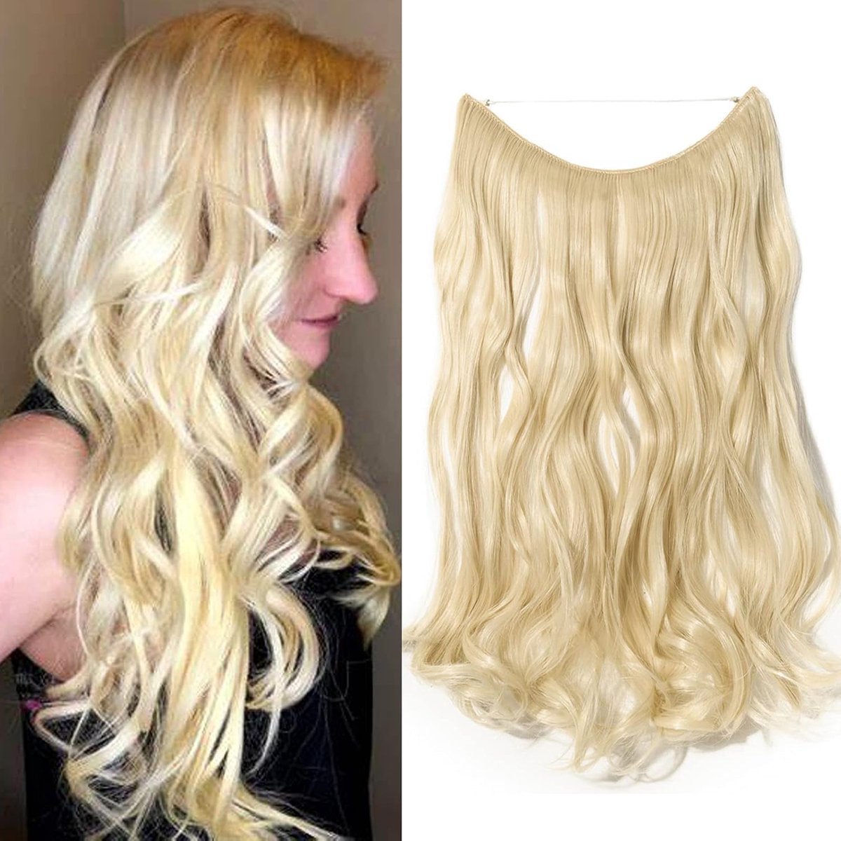 Haarverlengingen, 1 baan, haarverdichting, golvend met onzichtbare draad, hairextensions, gebleekt blond-3, 50 cm