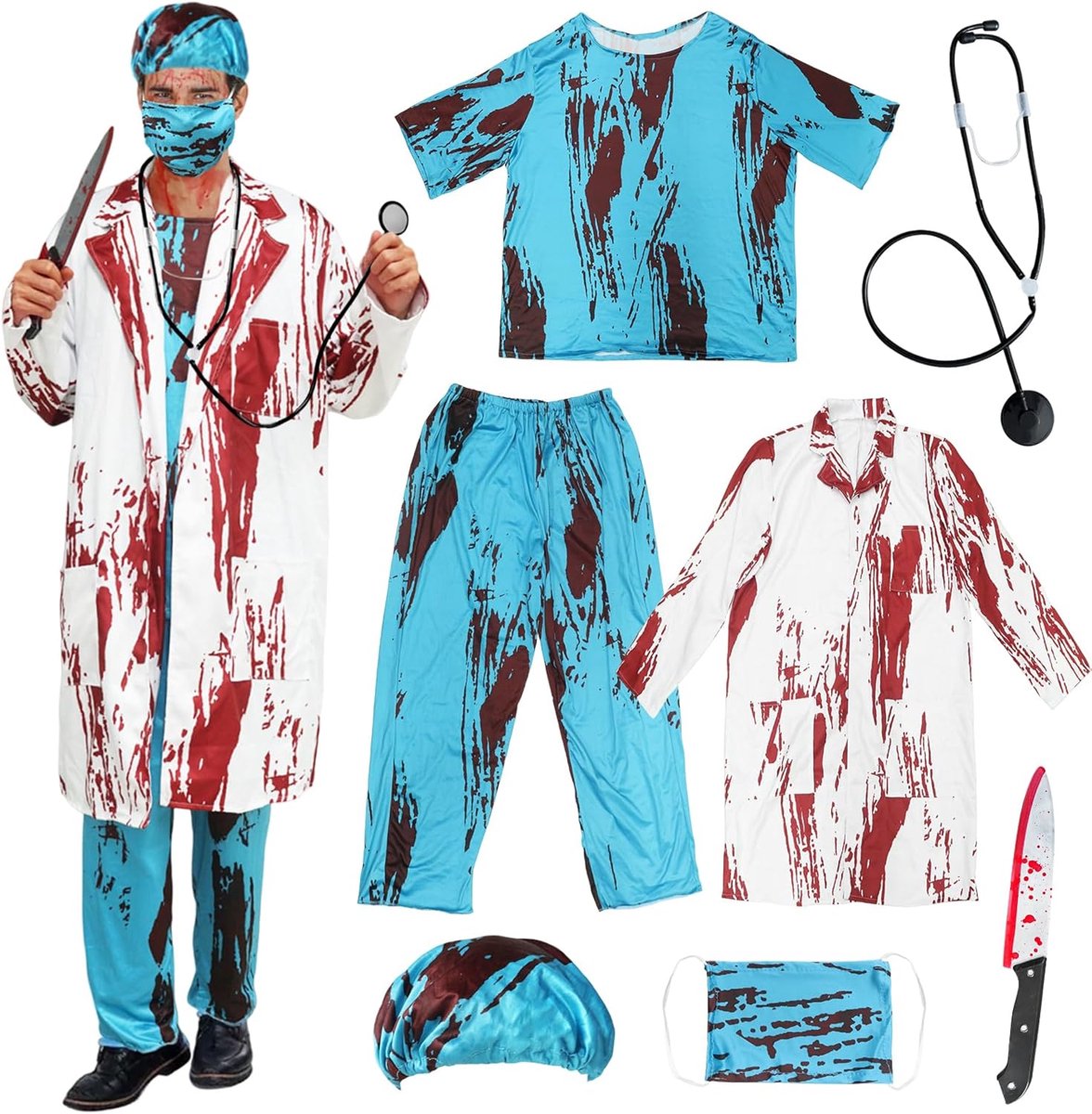 Zombiedokterskostuum voor heren, Halloween dokterskostuum voor heren, horrorchirurg set met doktersjas, doktershoed, doktersmasker, bovendeel, broek stethoscoop, dokterskostuum, volwassenen