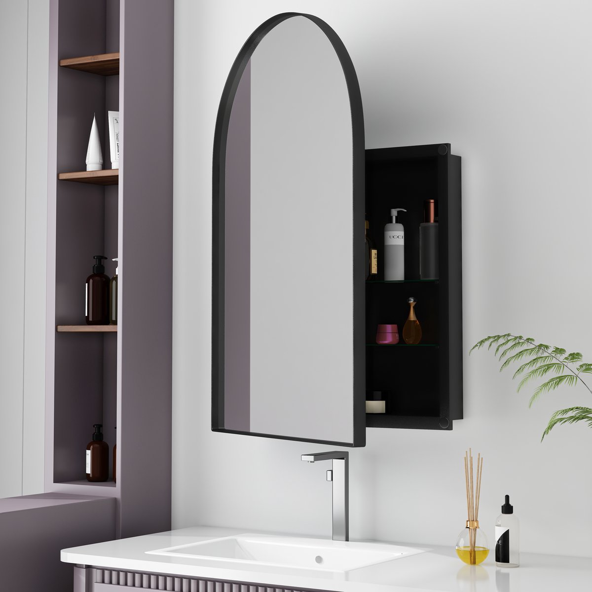 MEUNIQ Boogvormige spiegelkast 91 x 61 x 12 cm - zwart metalen frame, 2 verstelbare glazen planken, wand- of inbouwmontage voor badkamer