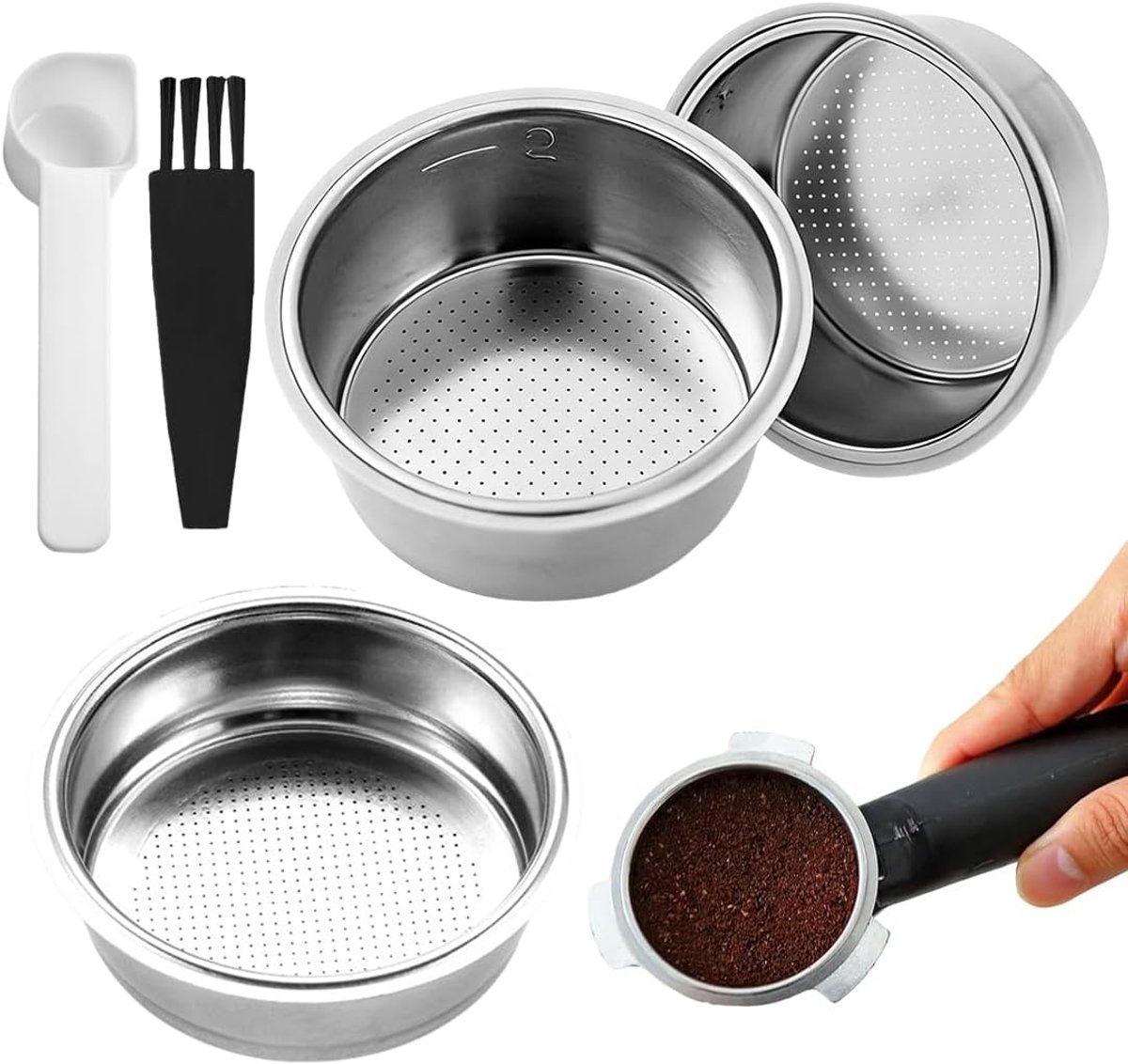 Set van 2 koffiefilters van roestvrij staal, ultrafijne filters van roestvrij staal, past op de meeste handgrepen (51 mm, 1 kopje en 2 kopjes)