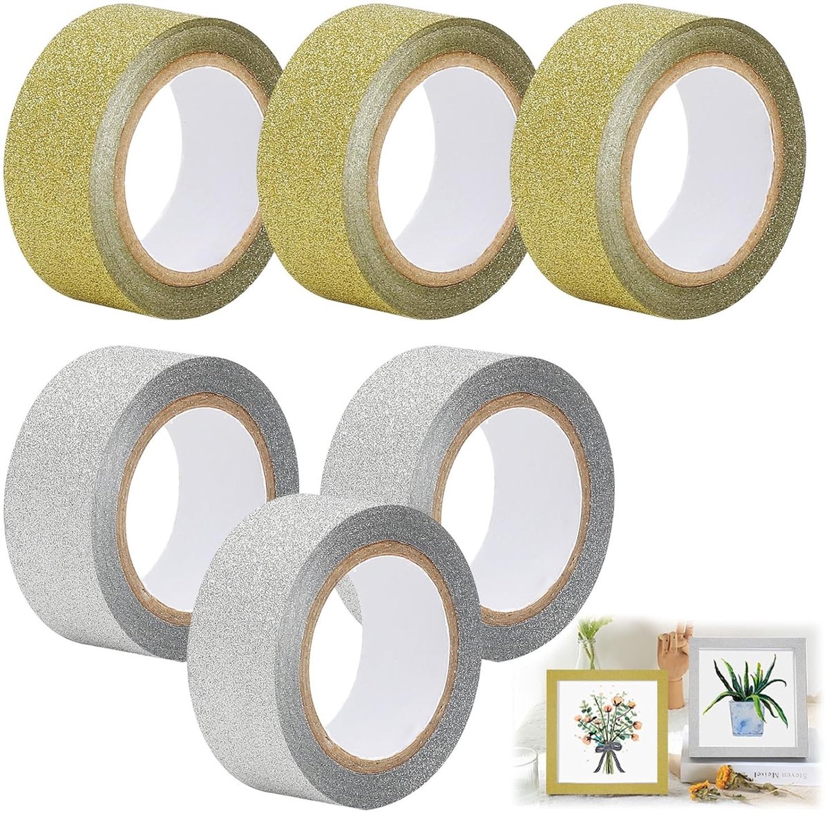 Glitter Plakband Set van 6 Stuks in Goud en Zilver voor Creatieve Projecten, Notitieboeken, Kaarten en Cadeauverpakkingen